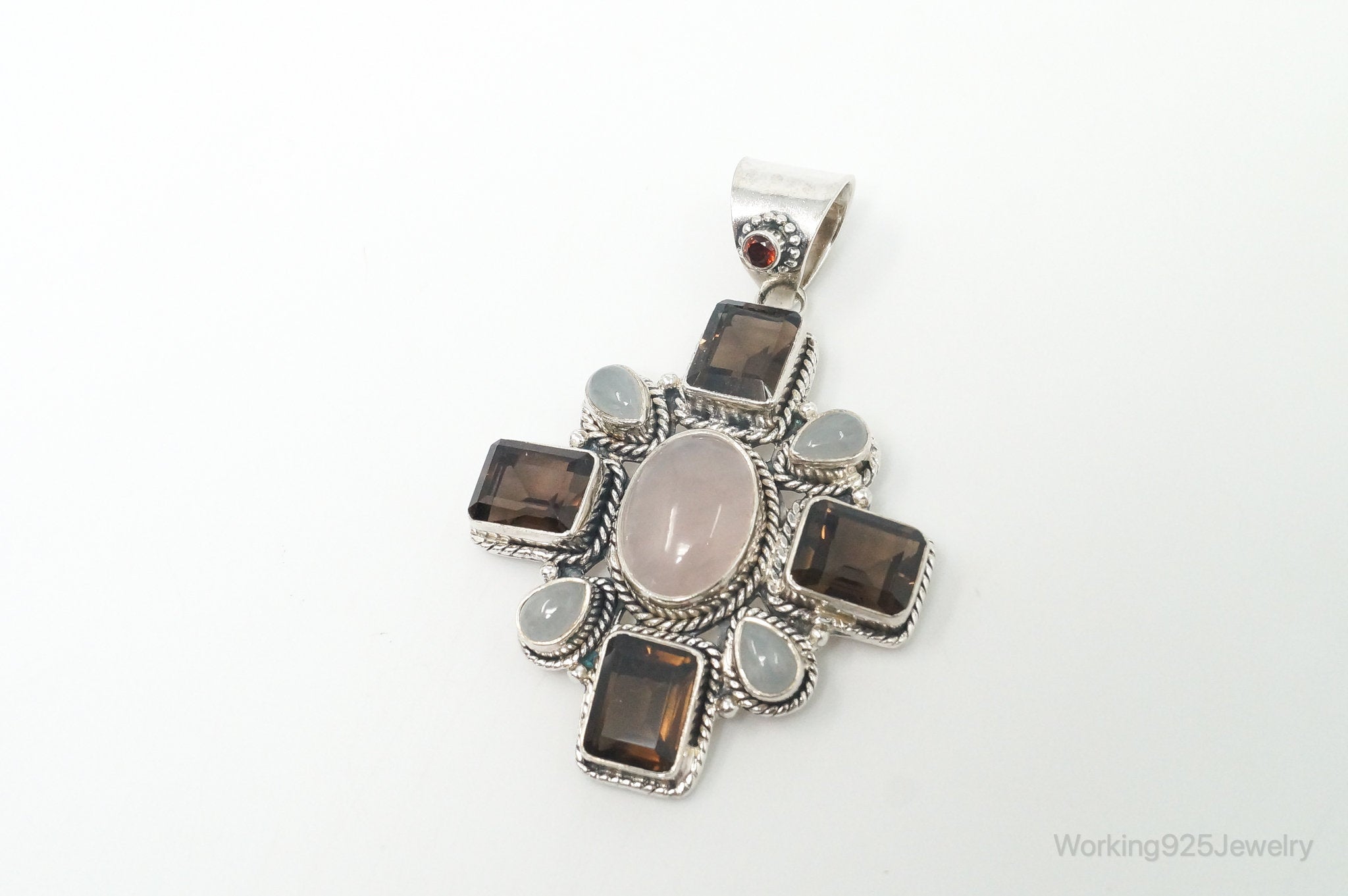 Vintage Smoky Topaz Rose Quartz Southwestern Cross Sterling Silver Pendant