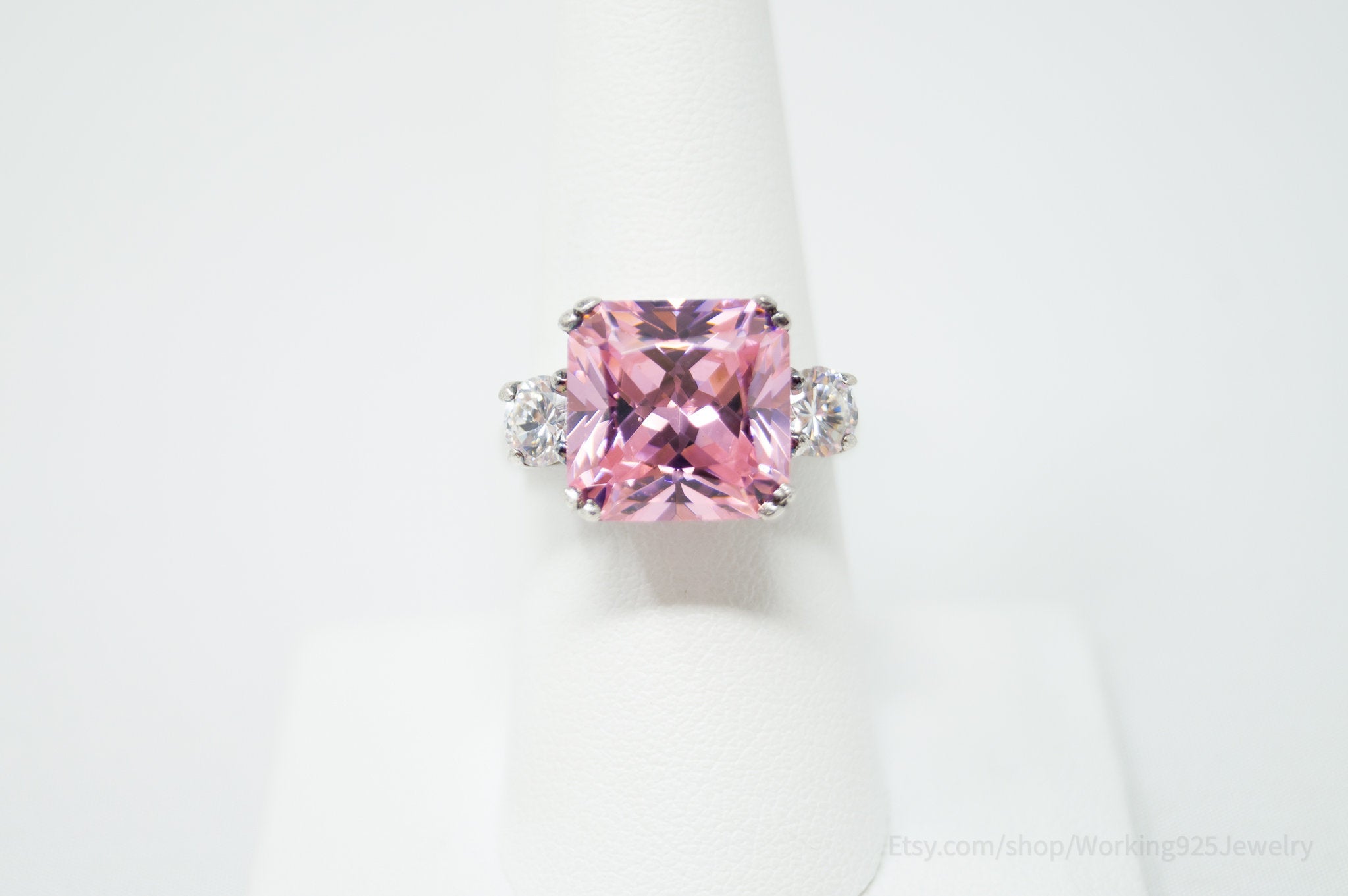 Vintage Art Deco Style Pink Topaz CZ Statement Ring Sterling Silver - Size 7.5