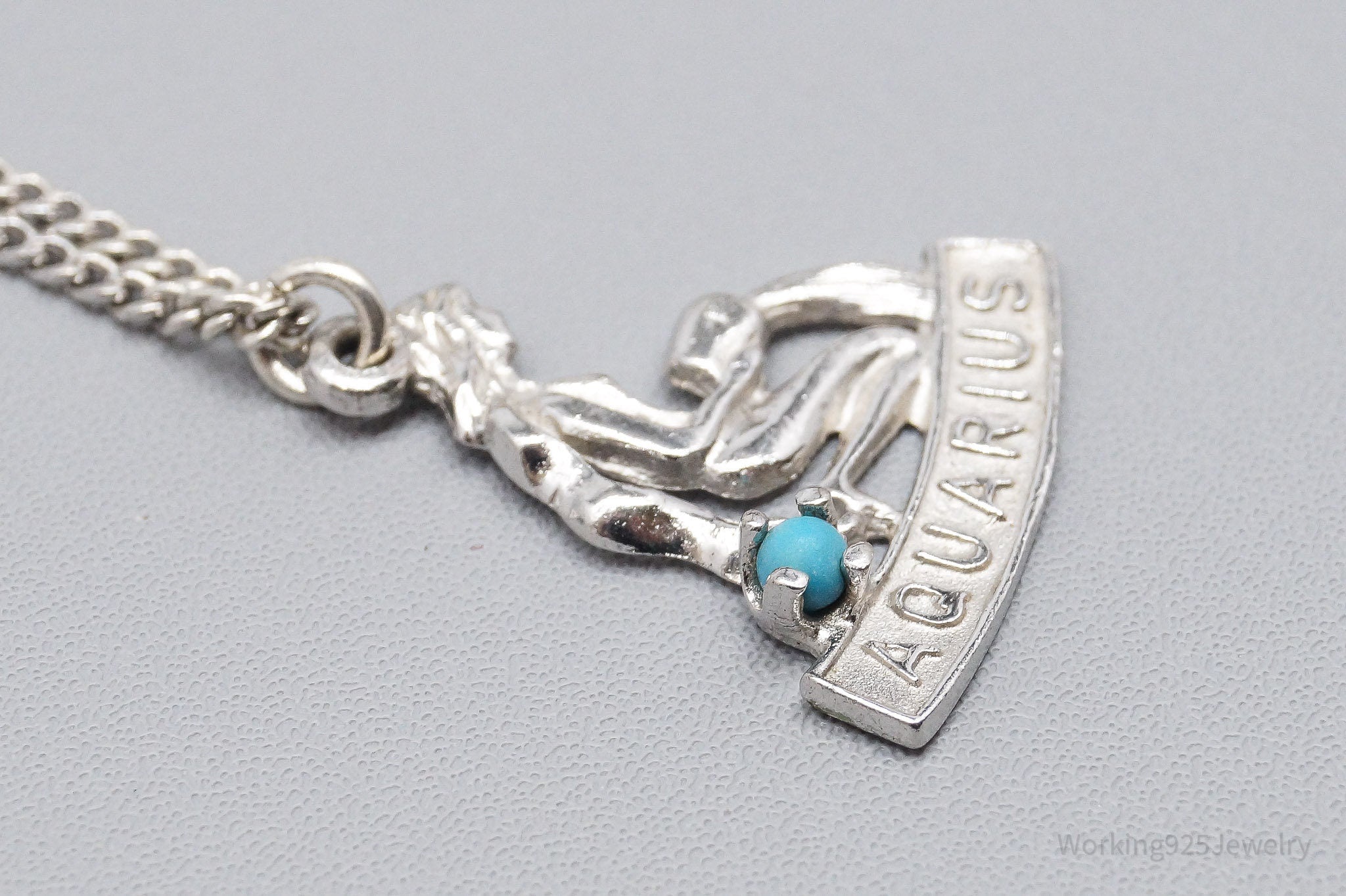 Vintage Aquarius Zodiac Sign Turquoise Sterling Silver Necklace 15"