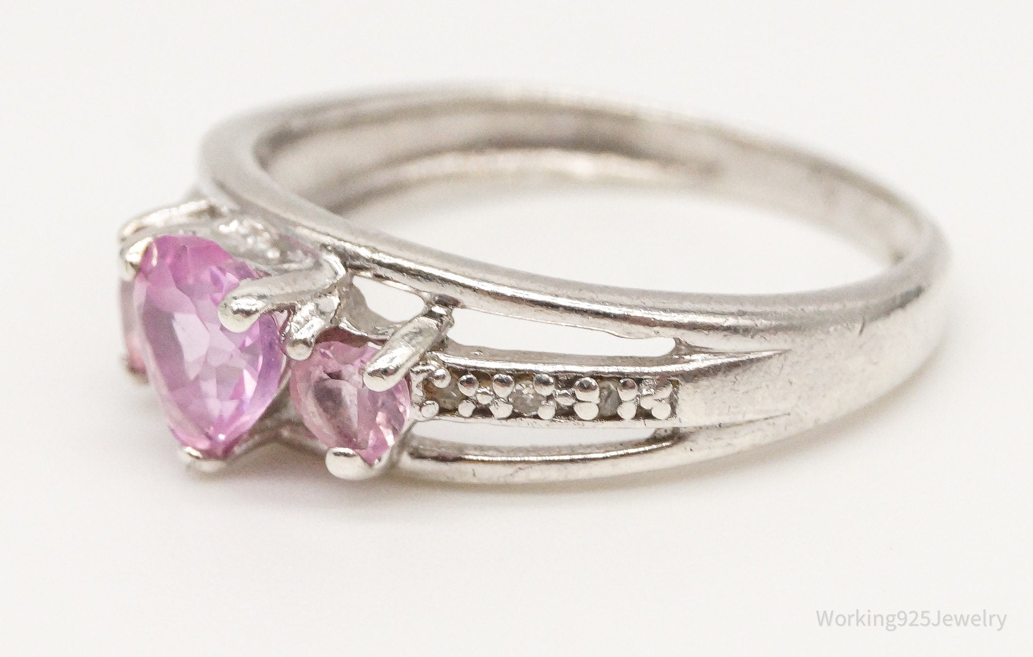 Vintage Pink Topaz Hearts Cubic Zirconia Silver Ring - Size 6