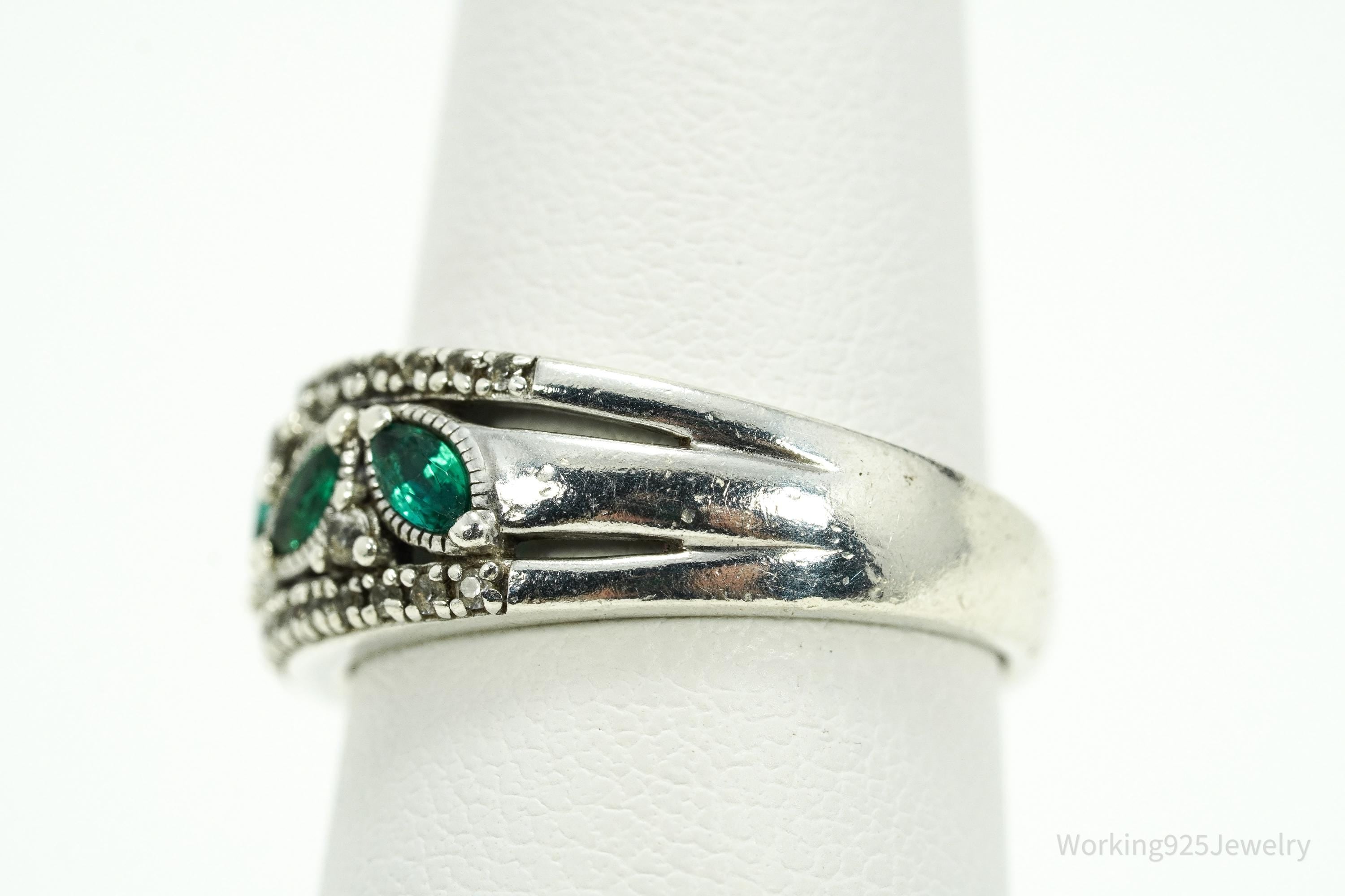Vintage Emerald & White Sapphire Sterling Silver Ring - Size 6