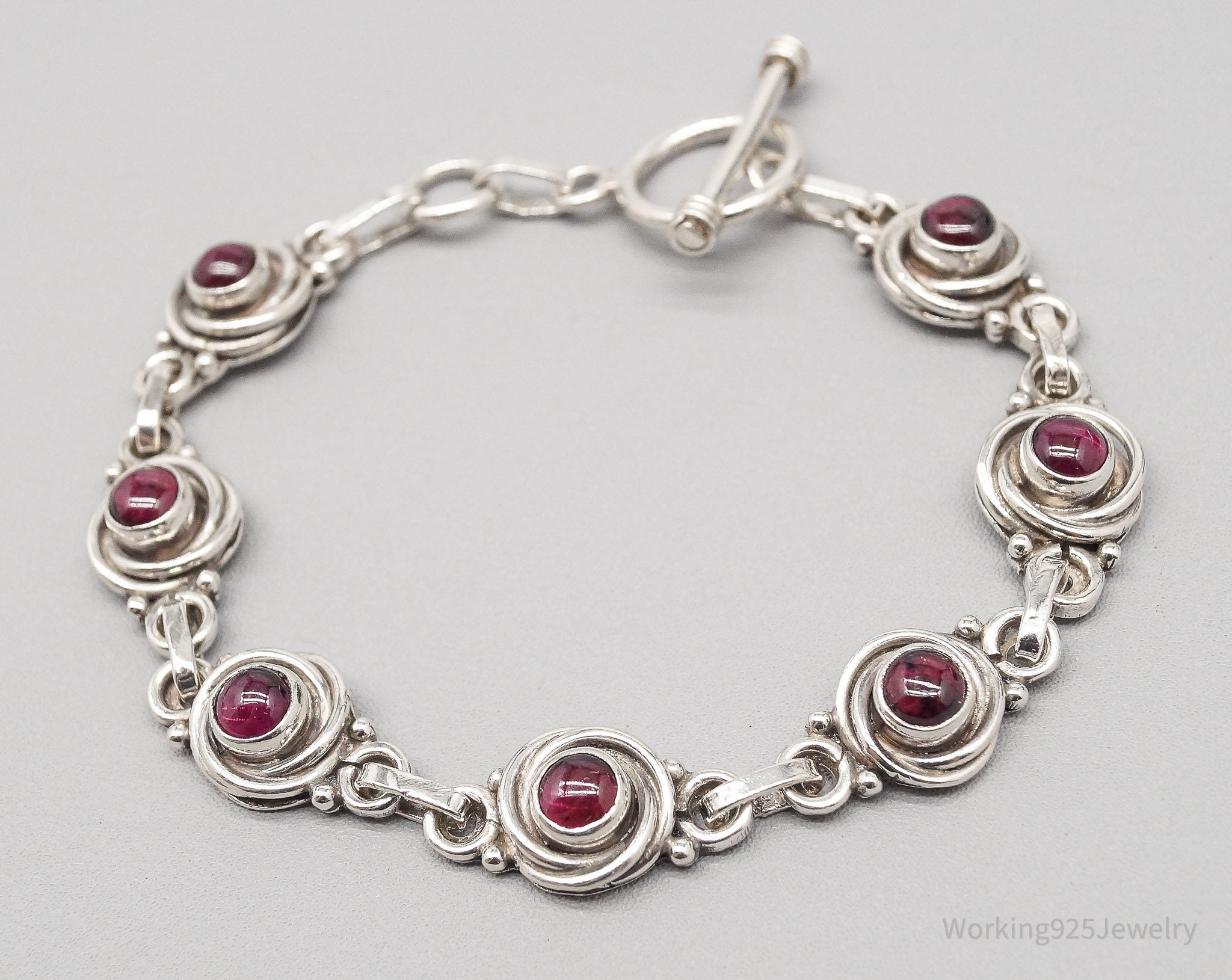 Vintage Rhodolite Garnet Sterling Silver Toggle Bracelet