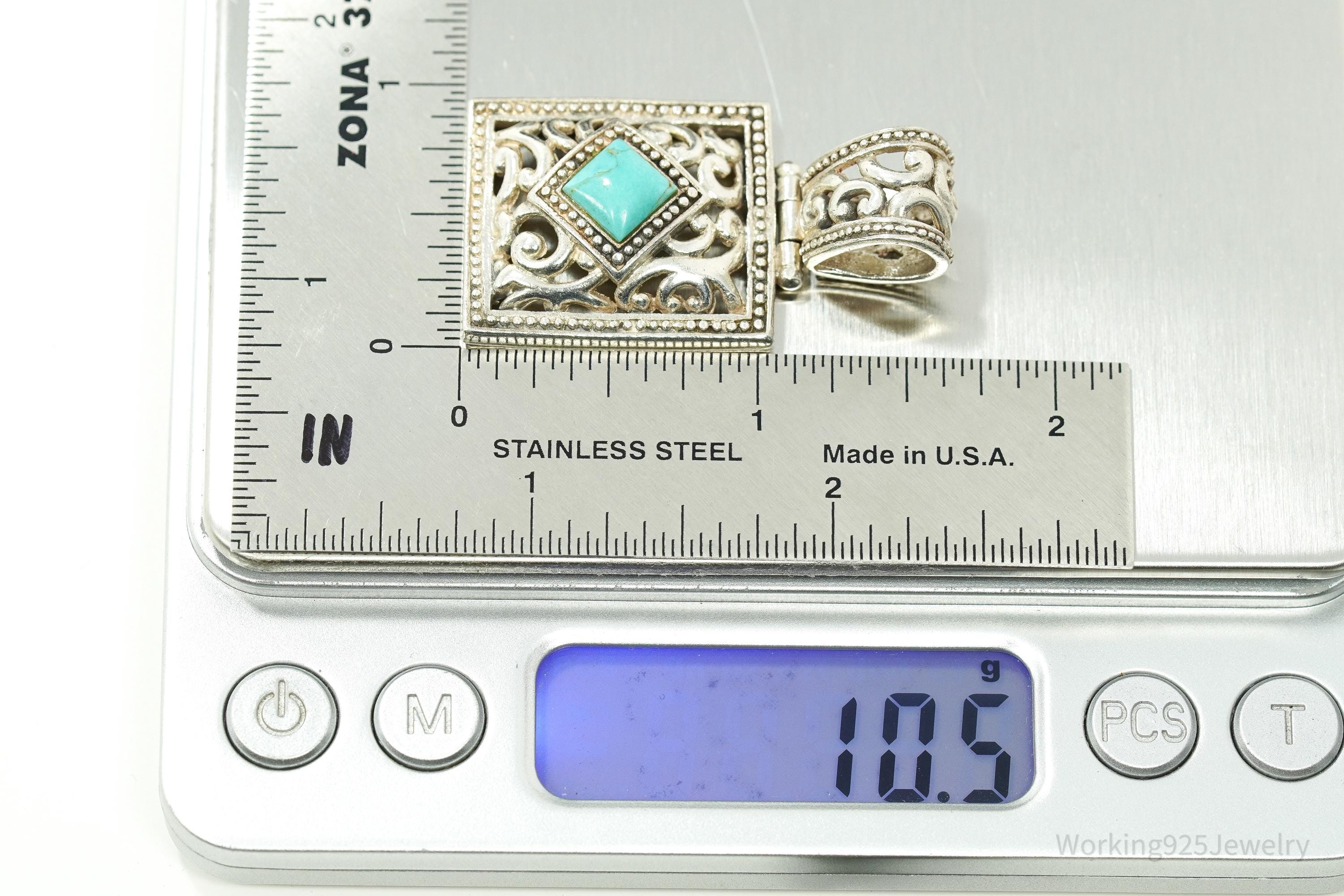 Large Vintage Turquoise Filigree Sterling Silver Necklace Pendant 1 5/8"