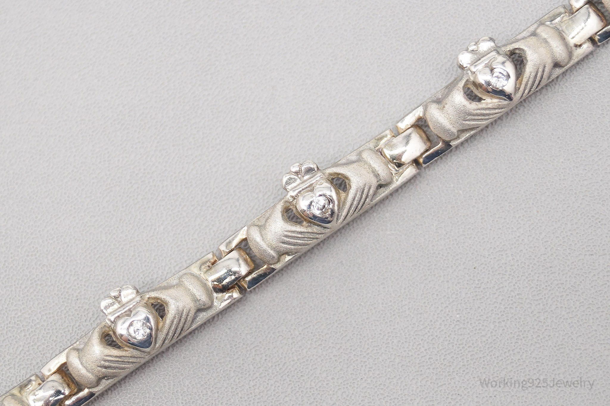 Vintage Ireland Cubic Zirconia Claddagh Sterling Silver Bracelet - 7.5"