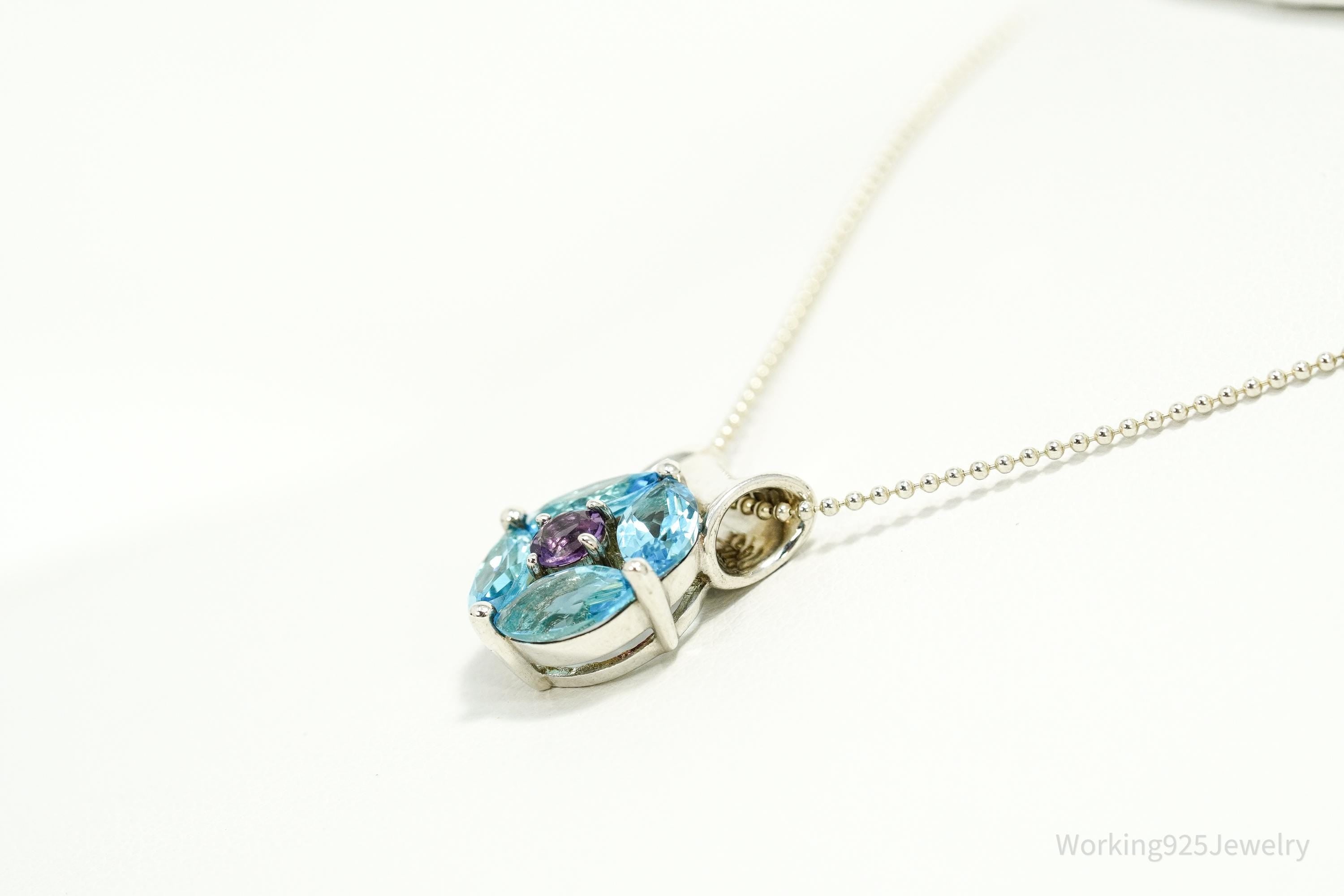 Vintage Designer S&G Blue Topaz Amethyst Sterling Silver Necklace 20"