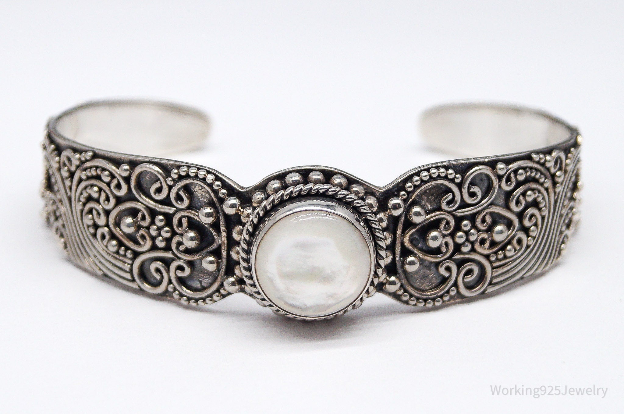 Vintage Designer BA Suarti Mother Of Pearl Sterling Silver Cuff Bracelet 7.25"