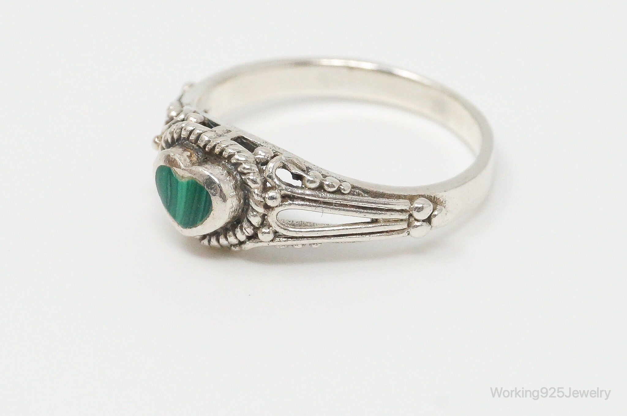 Vintage Malachite Heart Sterling Silver Ring Size 6