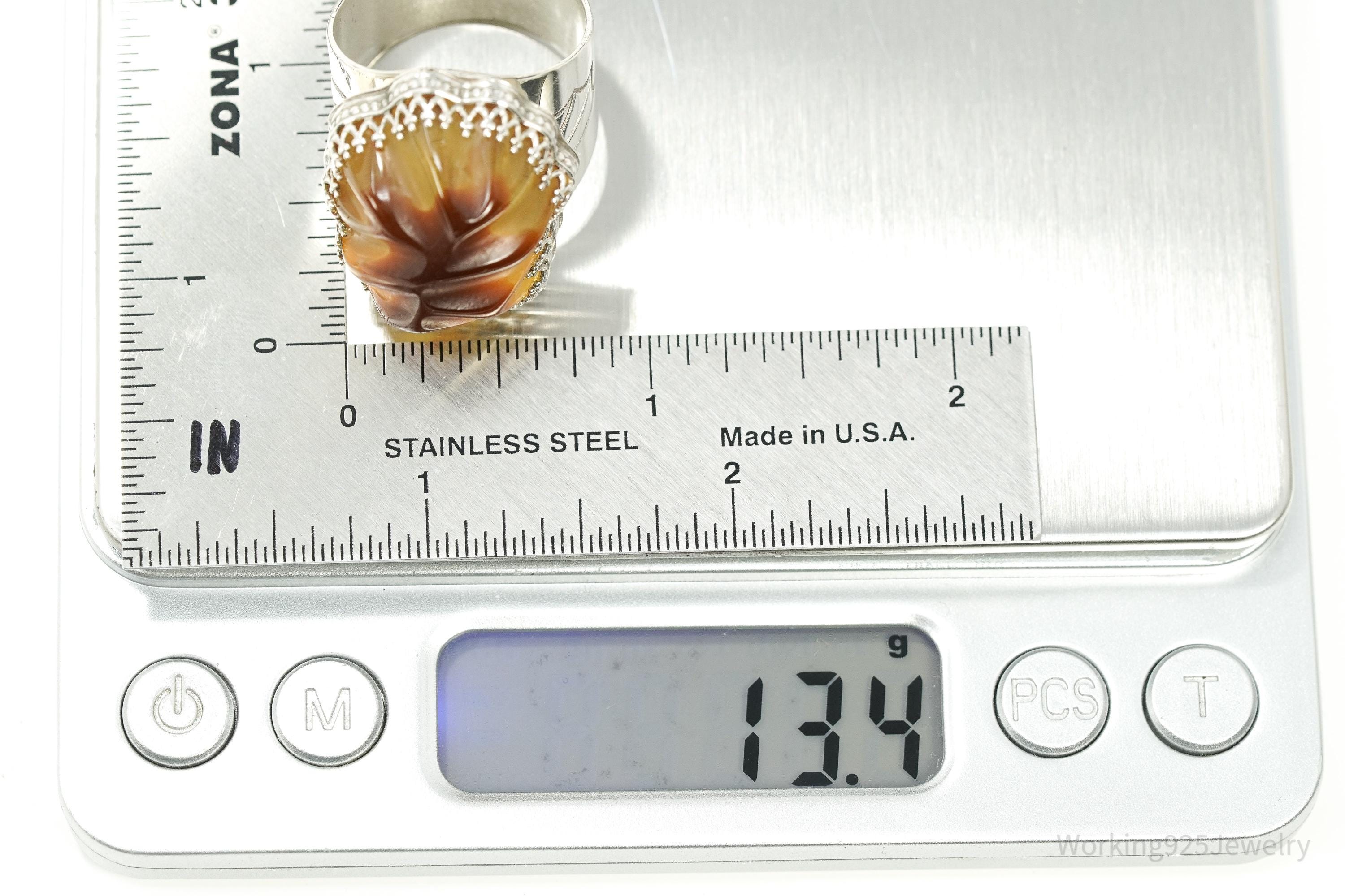 Vintage Jay King Mine Finds Sterling Silver Amber Statement Ring Size 11