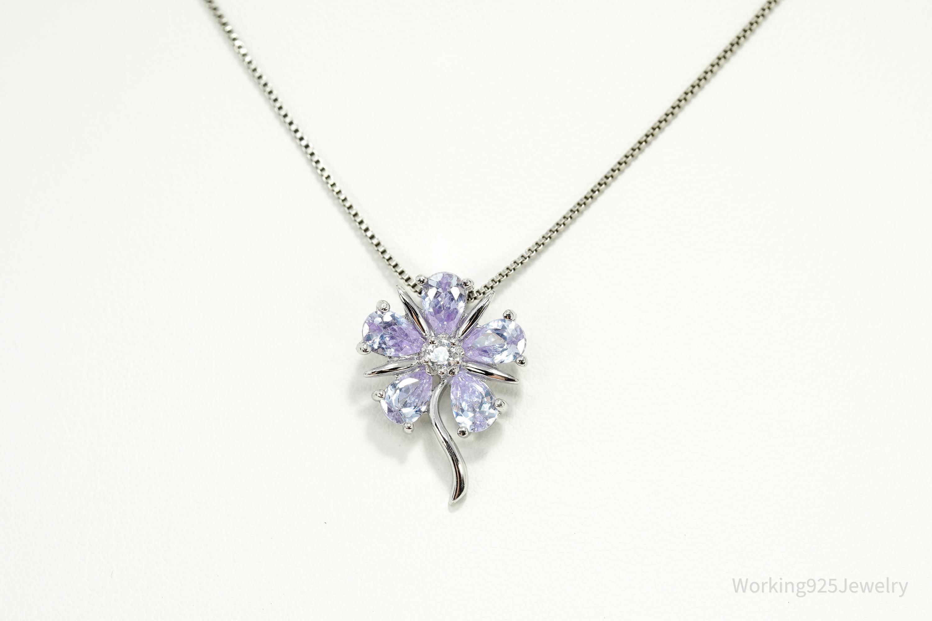 Vintage Periwinkle & White Cubic Zirconia Sterling Silver Flower Necklace - 18"
