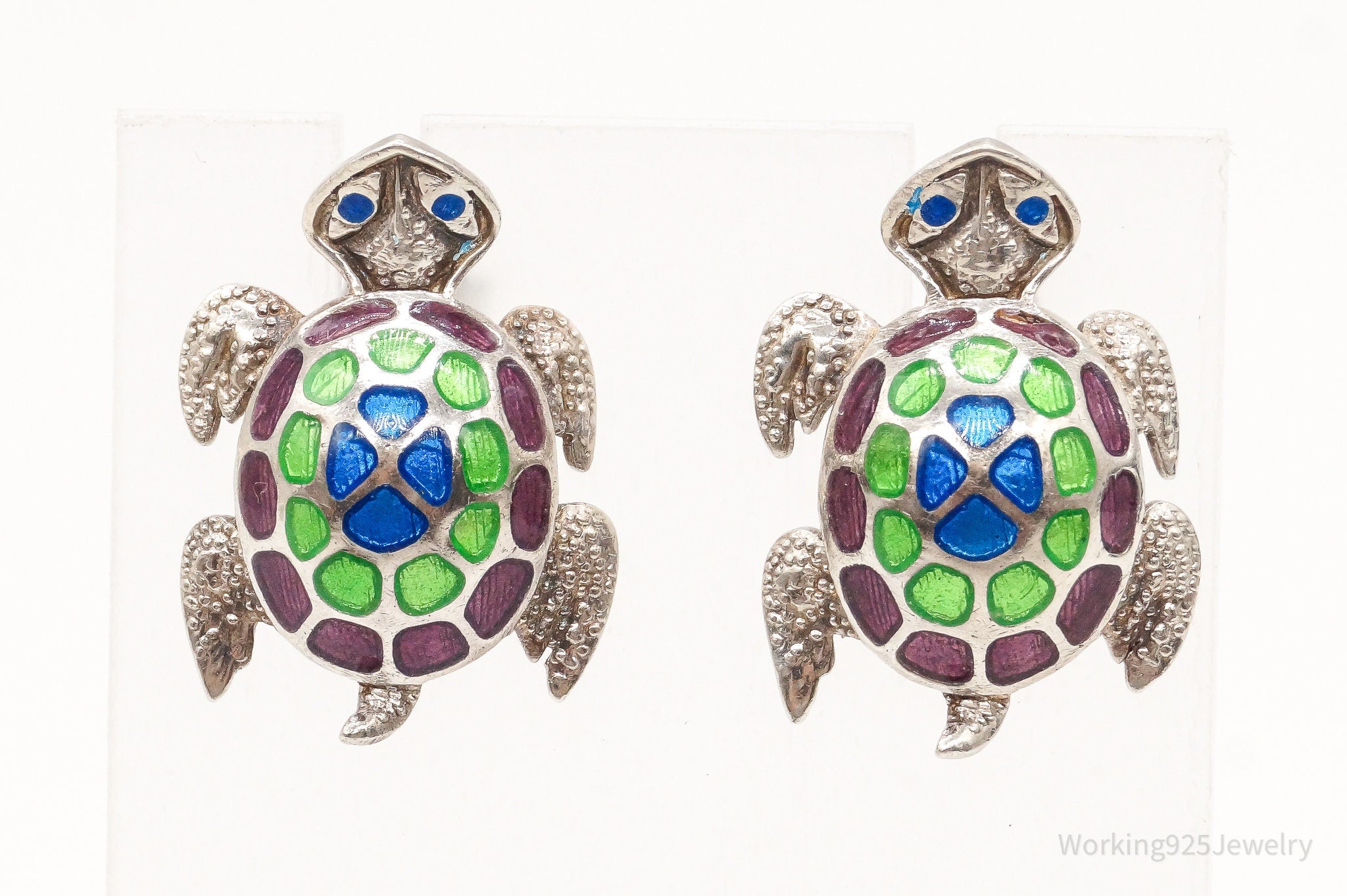 Vintage Enamel Sea Turtles 980 Silver Earrings