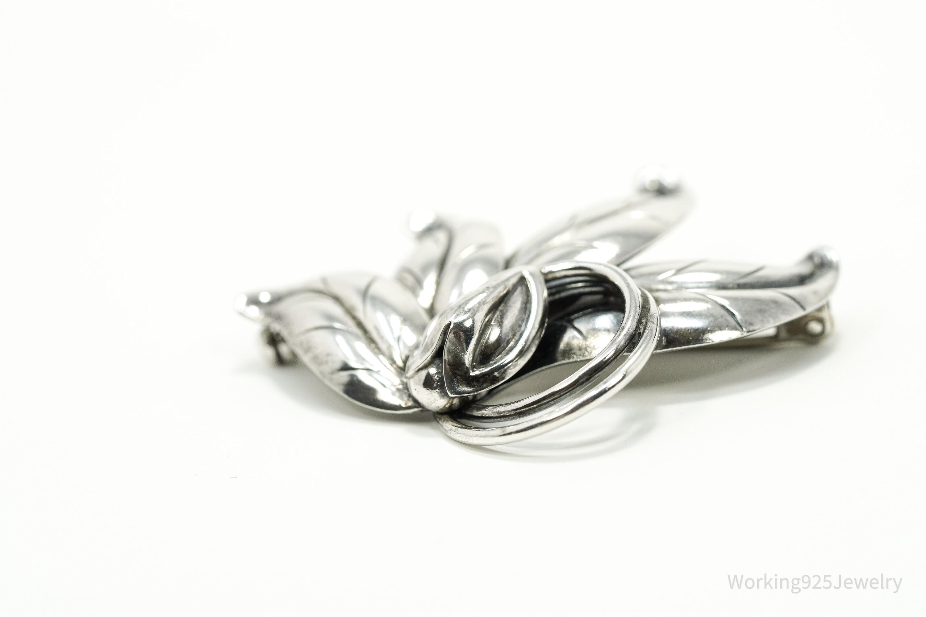 Large Vintage Denmark Hermann Siersbol Modernist Floral Sterling Silver Pin Brooch