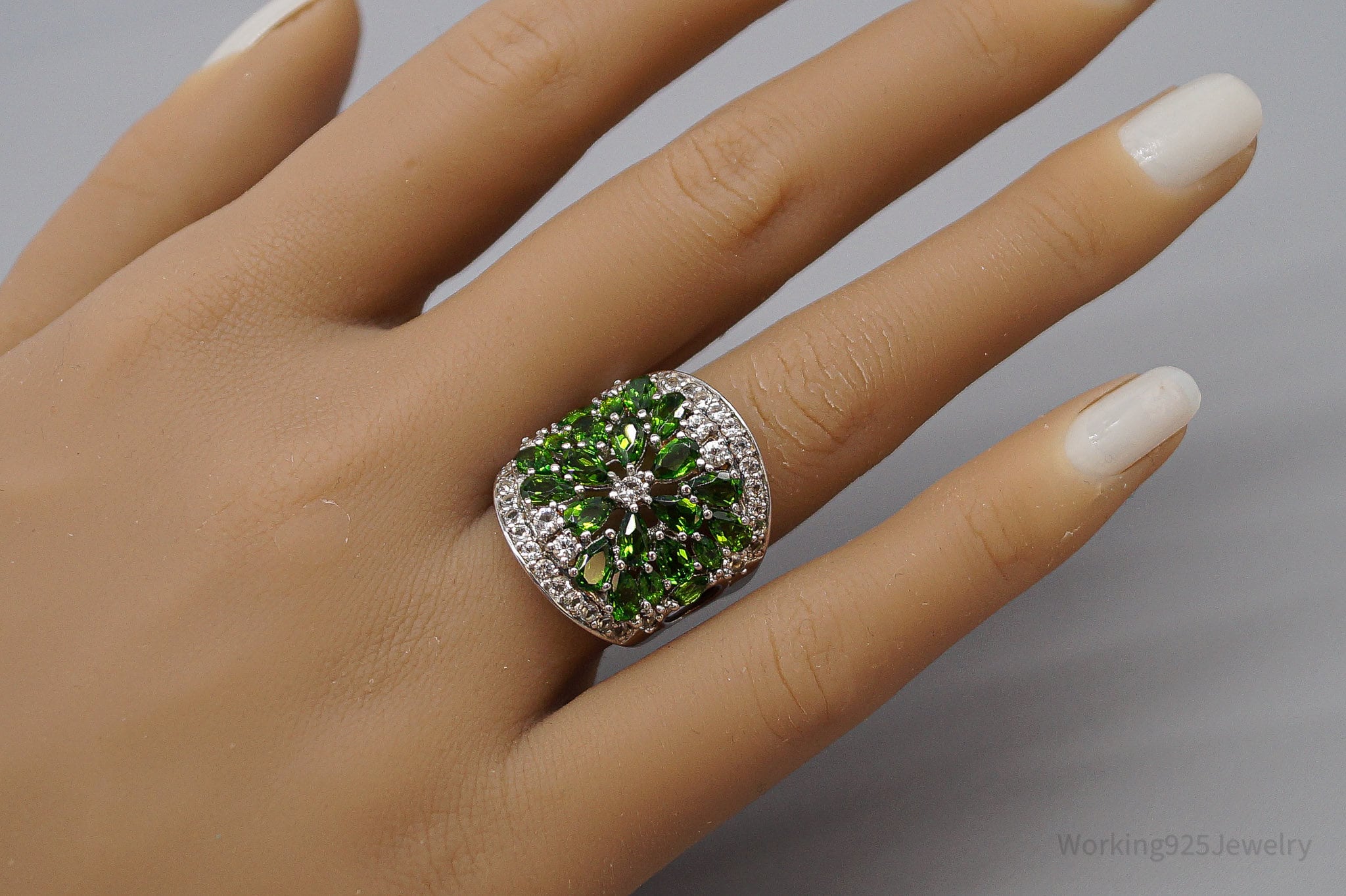 JTV's HT Green Chrome Diopside White Zircon Sterling Silver Ring - Size 6.25