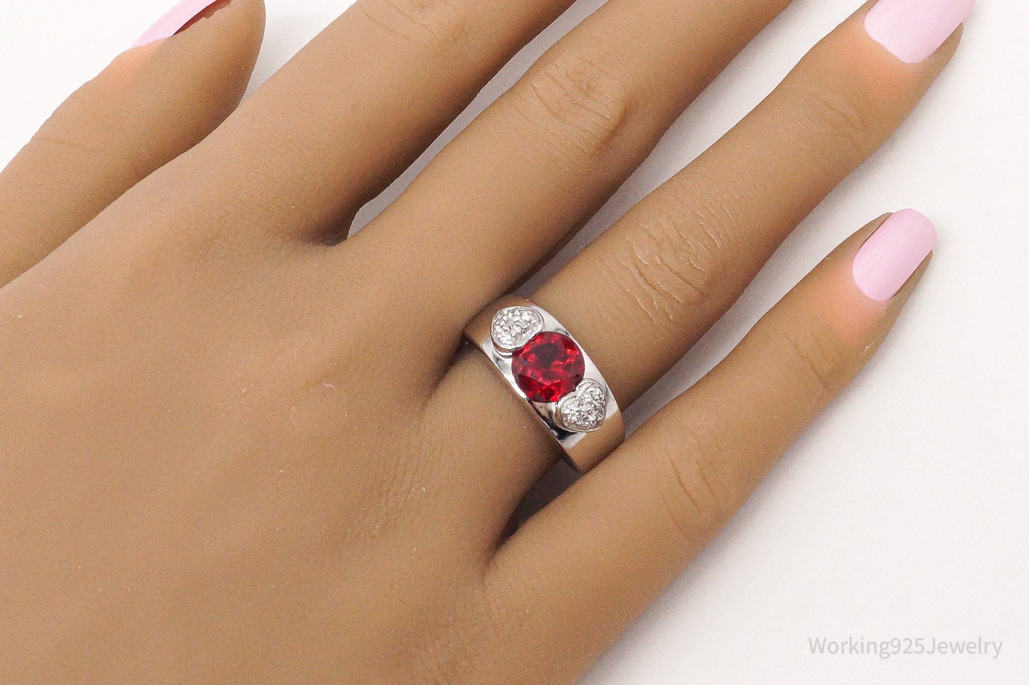 Vintage Lab Ruby Cubic Zirconia Sterling Silver Ring - Size 7.75