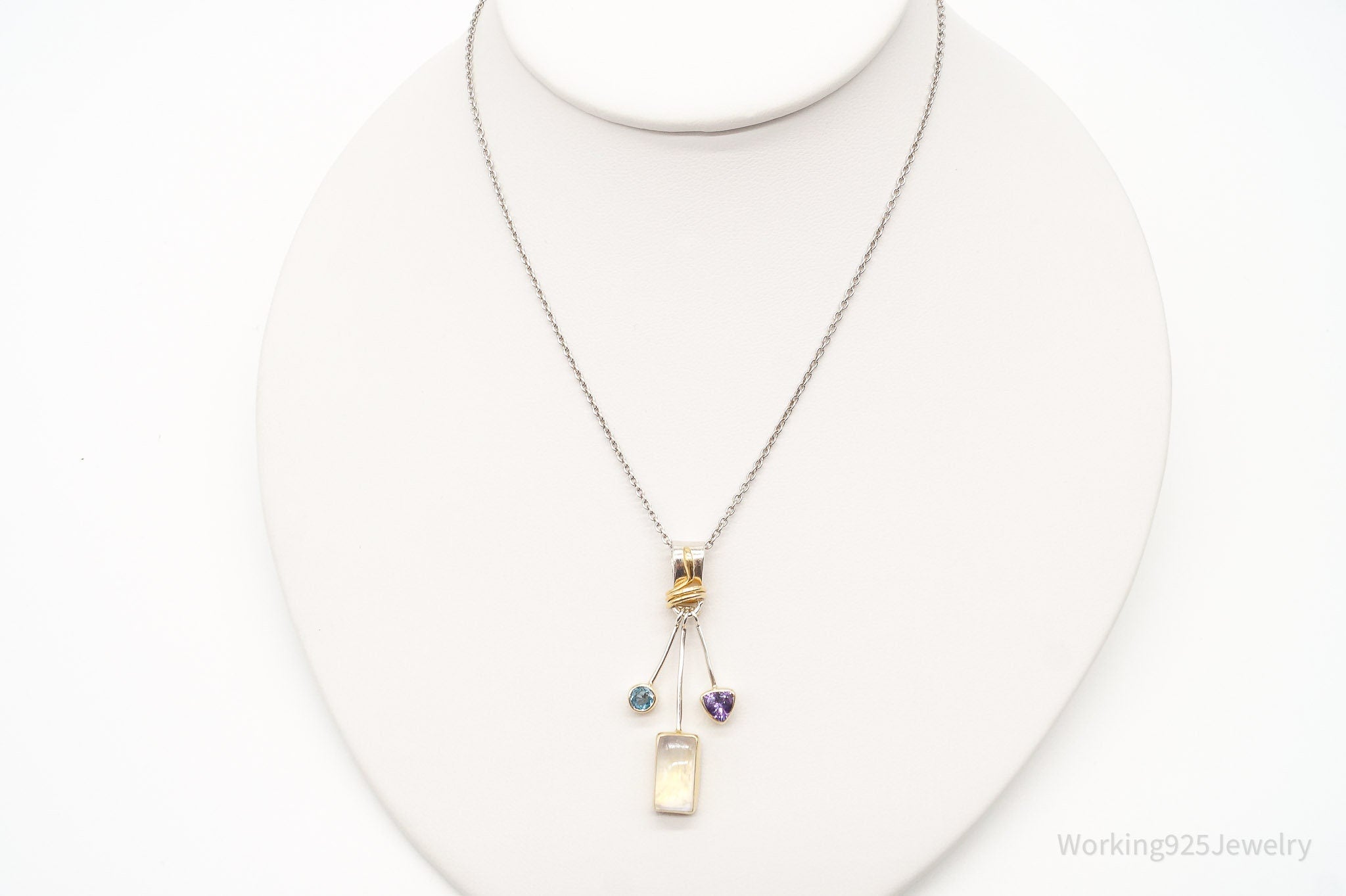 Vintage Blue Topaz Amethyst Moonstone Gold Vermeil Sterling Silver Necklace