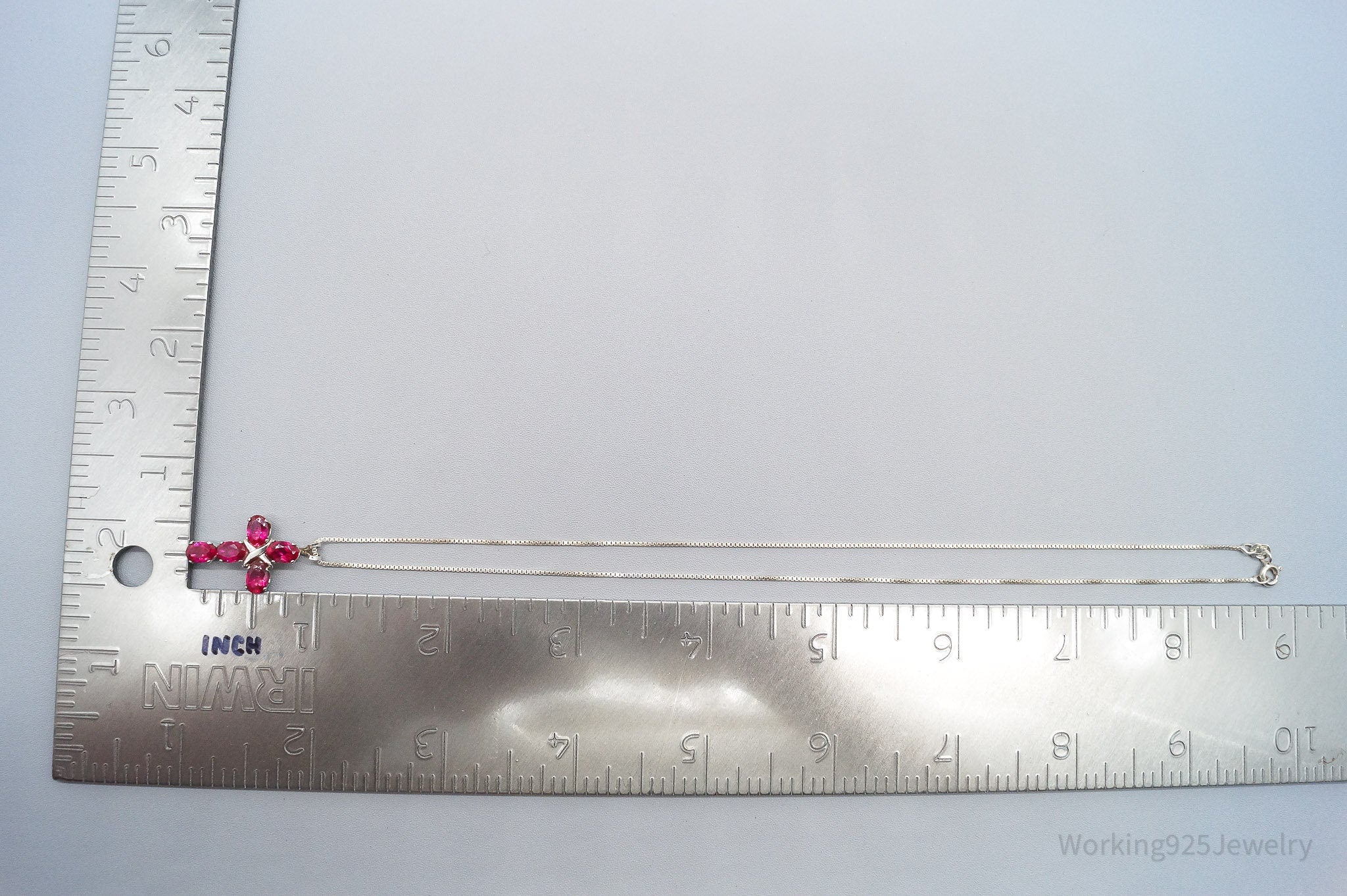Vintage Lab Ruby Cross Sterling Silver Necklace 16"