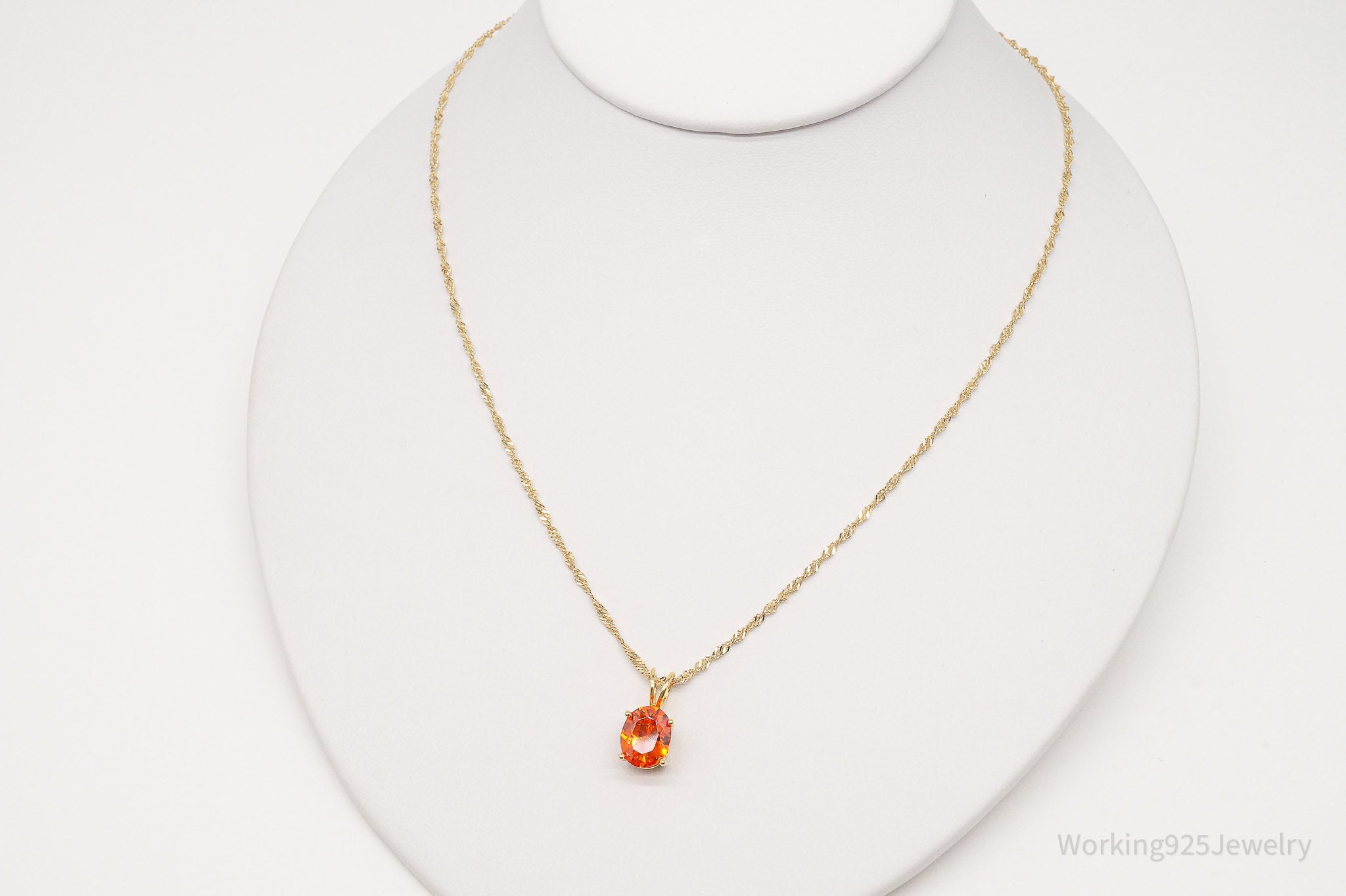 Vintage Fire Orange Cubic Zirconia Gold Vermeil Sterling Silver Necklace 18"