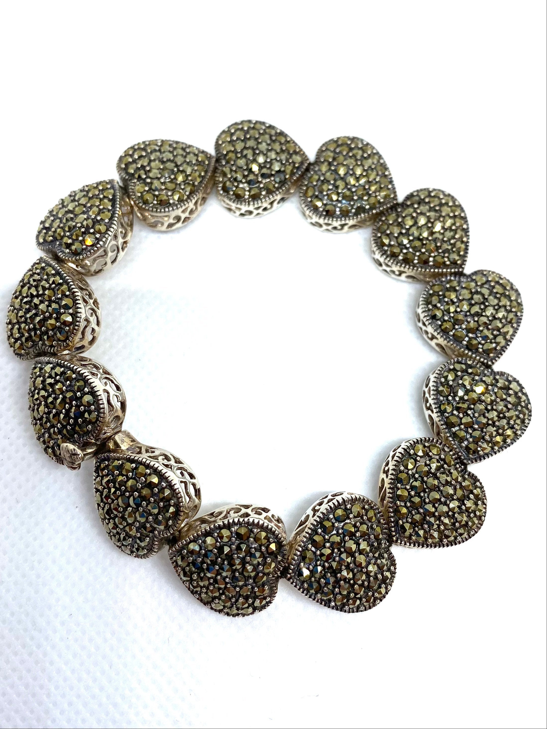 Vintage Marcasite Sterling Silver Sweetheart Heart Statement Bracelet