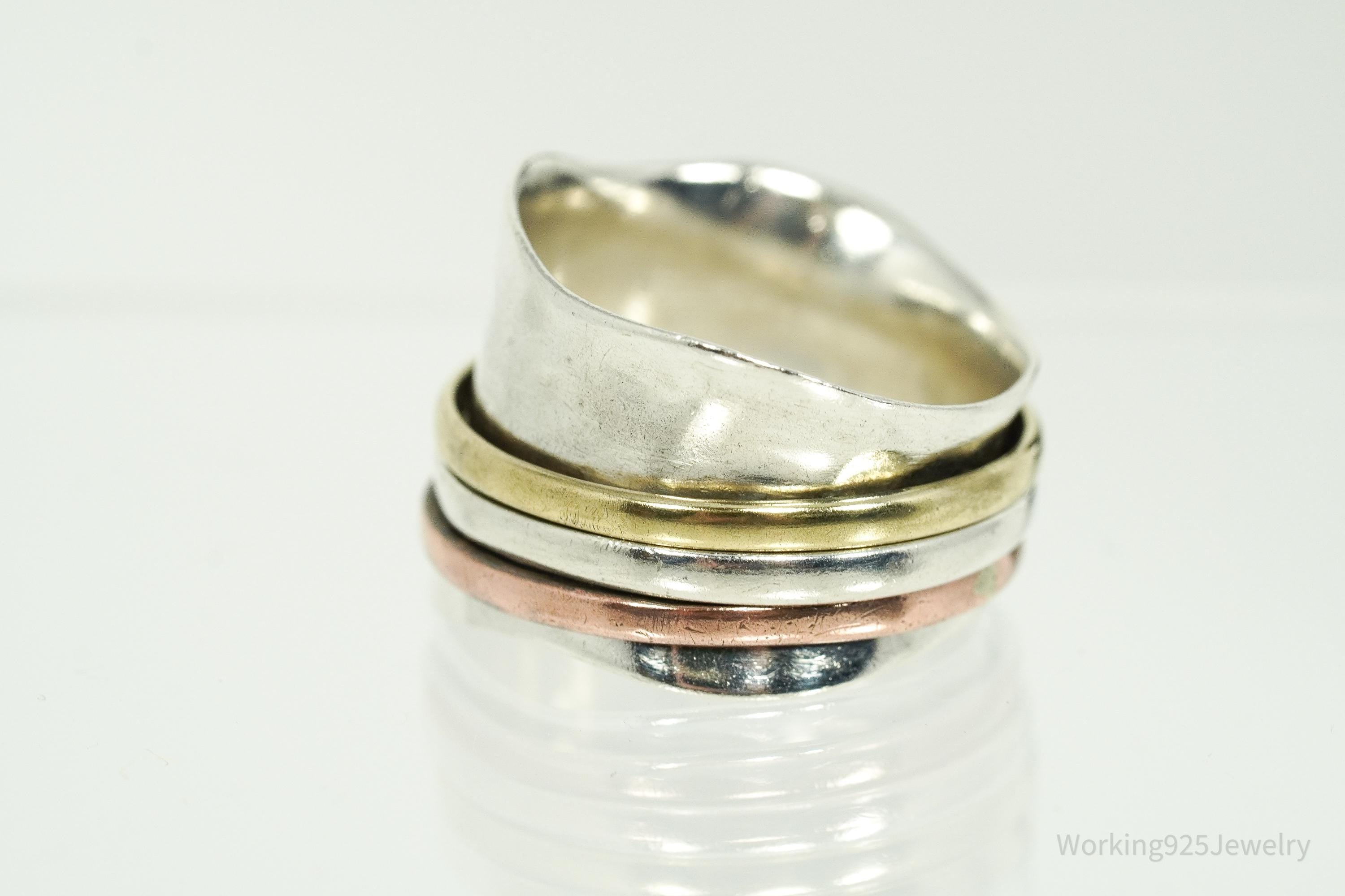 Vintage Brass & Copper Sterling Silver Spinner Band Ring- Size 8.25
