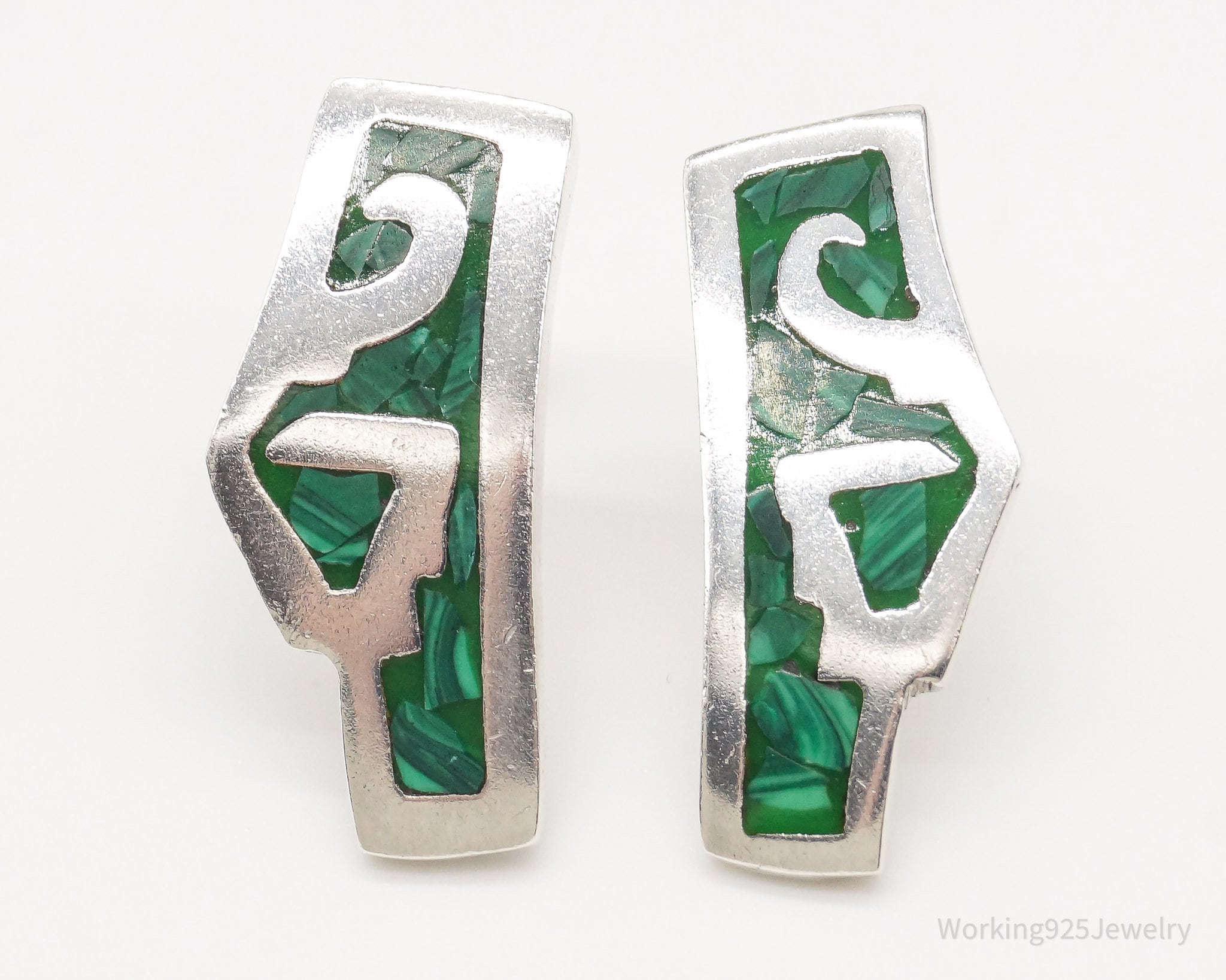 Vintage Mexico Malachite Modernist Sterling Silver Earrings