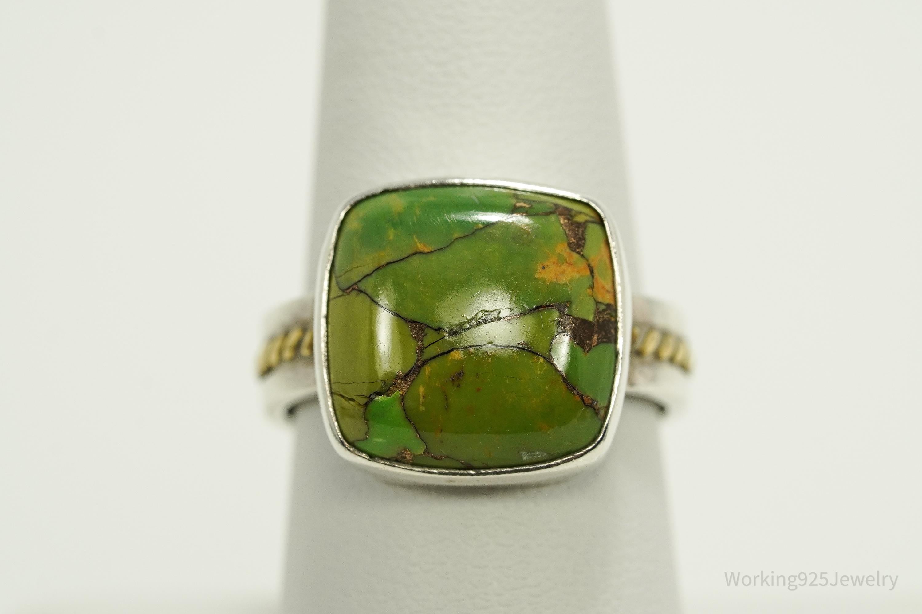 Vintage India Designer YS Green Copper Turquoise Two Tone Sterling Silver Ring - Size 9
