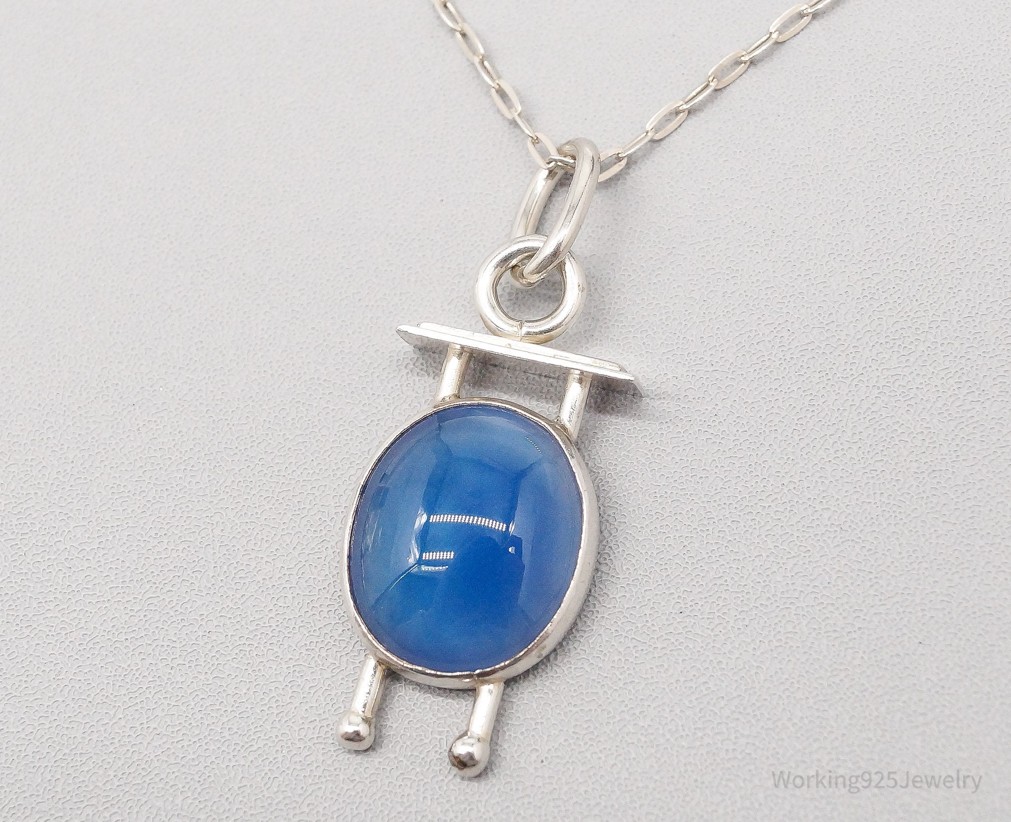 Vintage Blue Chalcedony Modernist Sterling Silver Necklace 18"