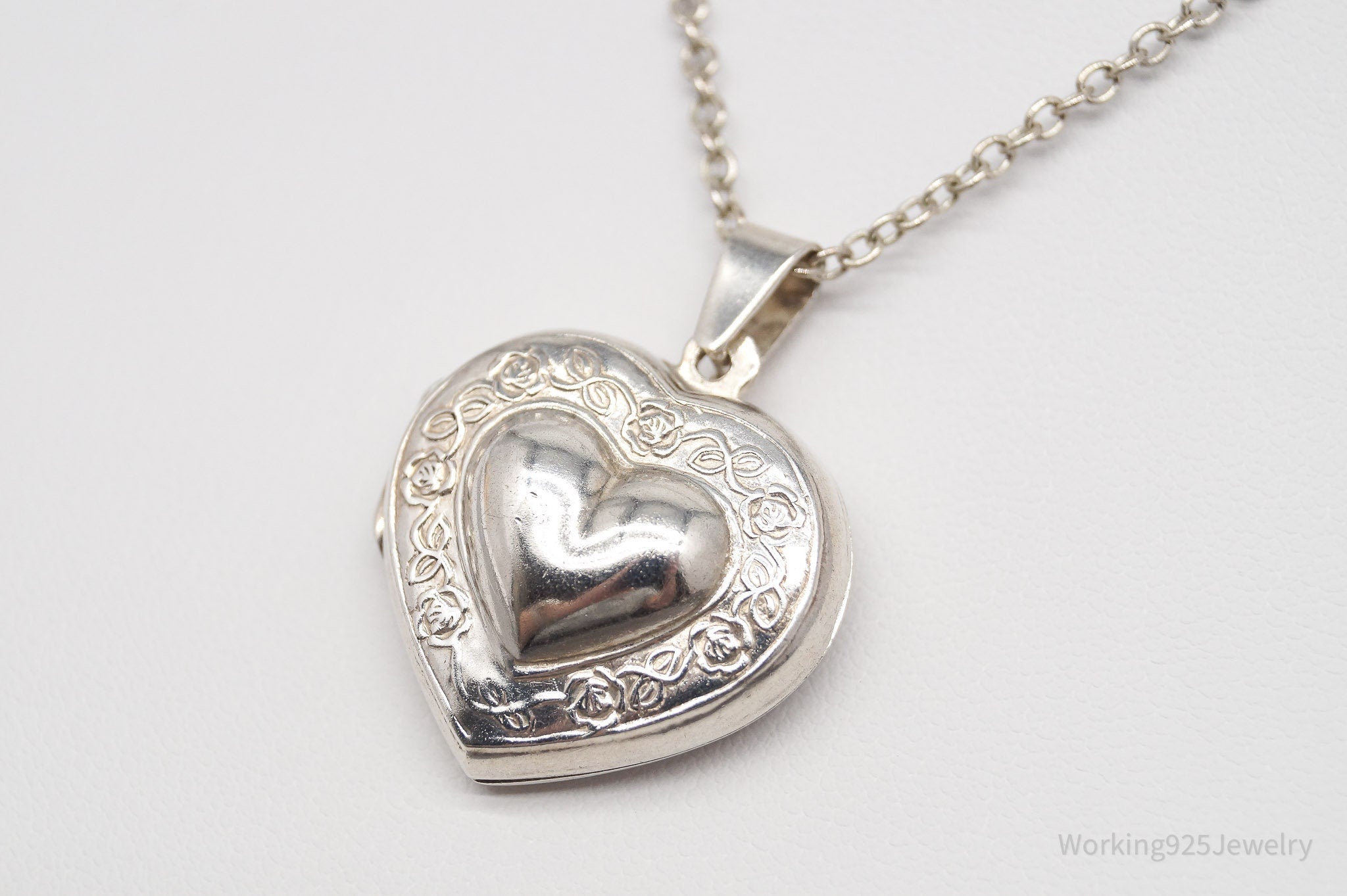 Vintage Large Heart Picture Locket Sterling Silver Necklace 18"