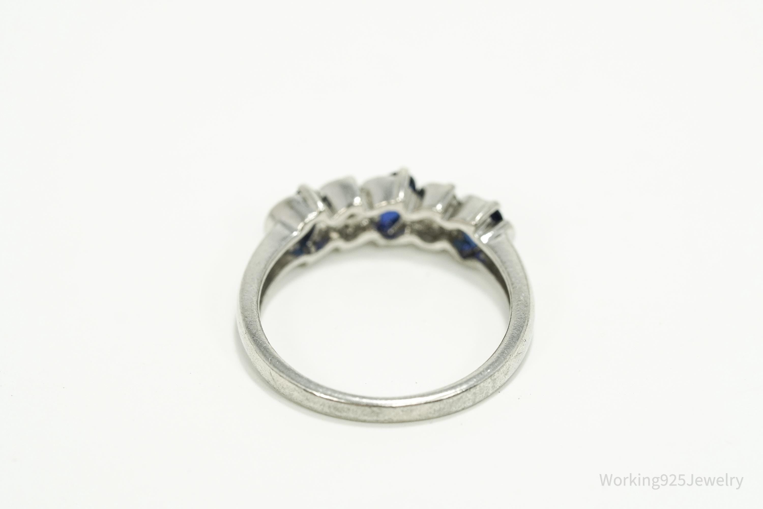 Vintage Lab Sapphire & White Topaz Sterling Silver Ring - Size 7