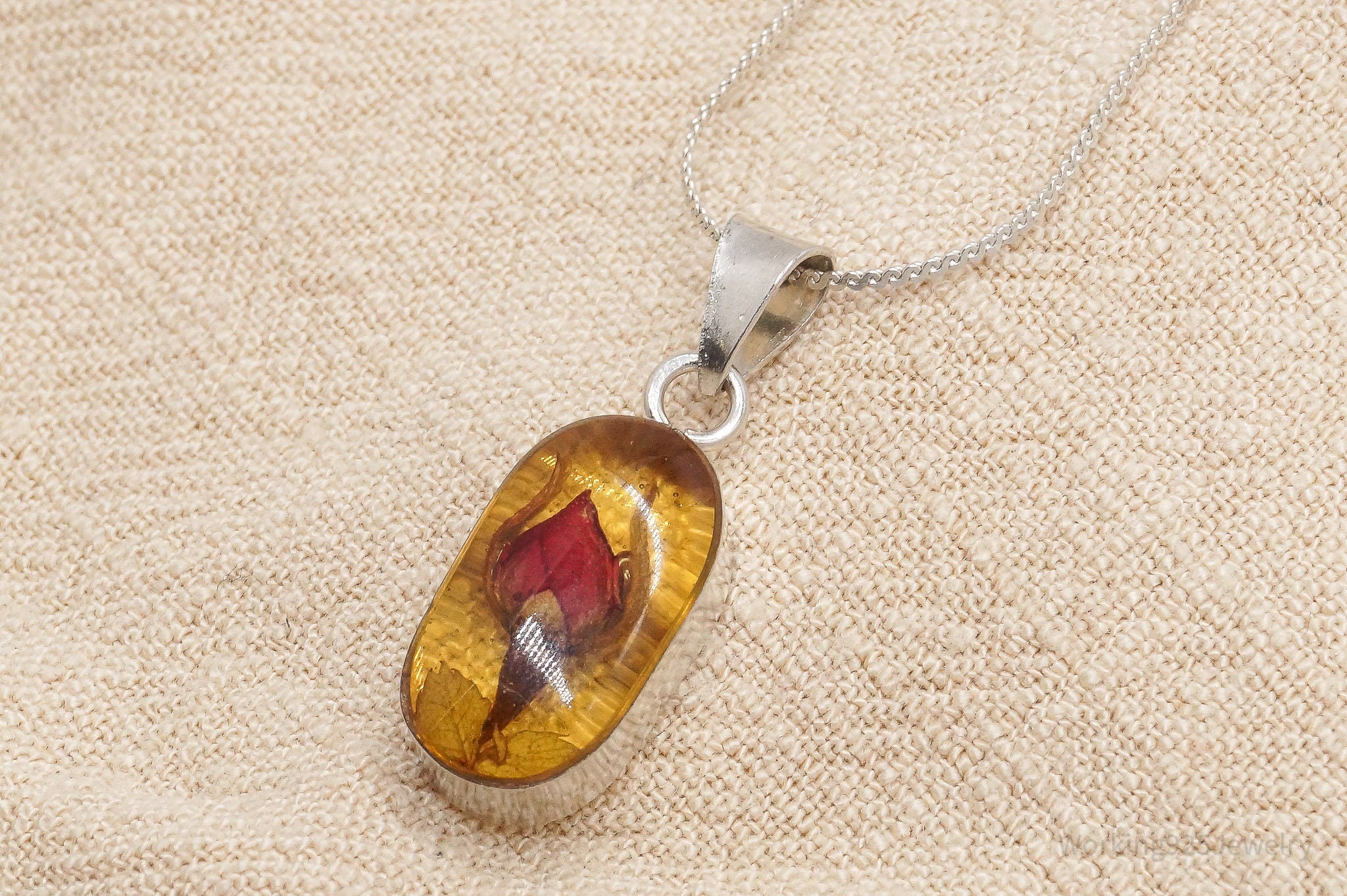 Vintage Resin Dried Flower Sterling Silver Necklace 16"