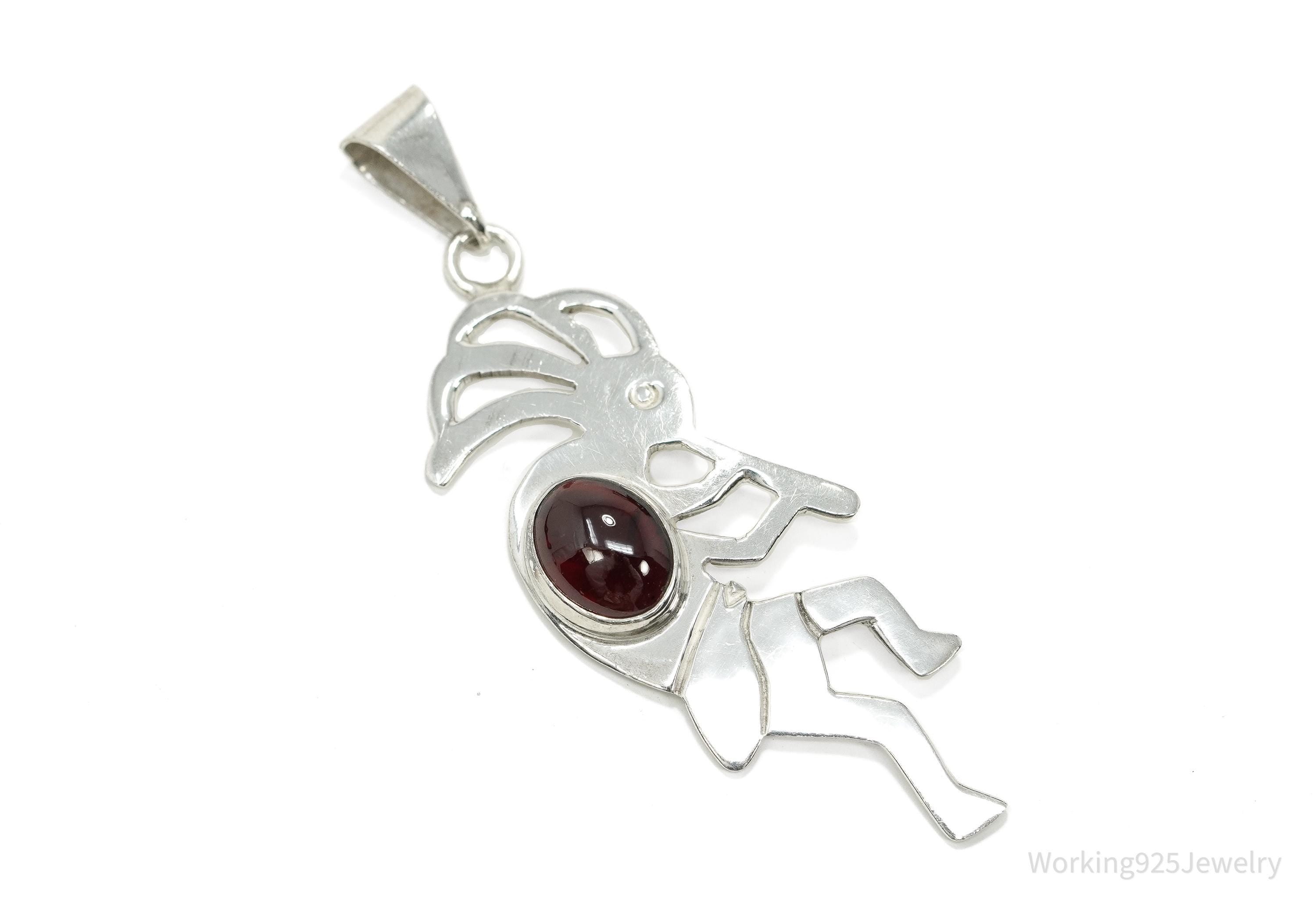 Large Vintage Native American Dancing Kokopelli Rhodolite Sterling Silver Pendant 2.5"