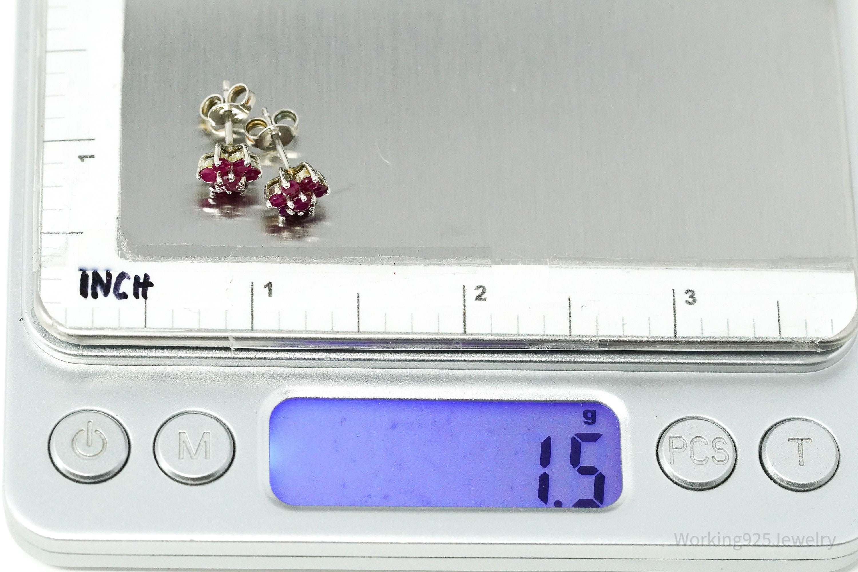 Vintage Ruby Flower Silver Earrings