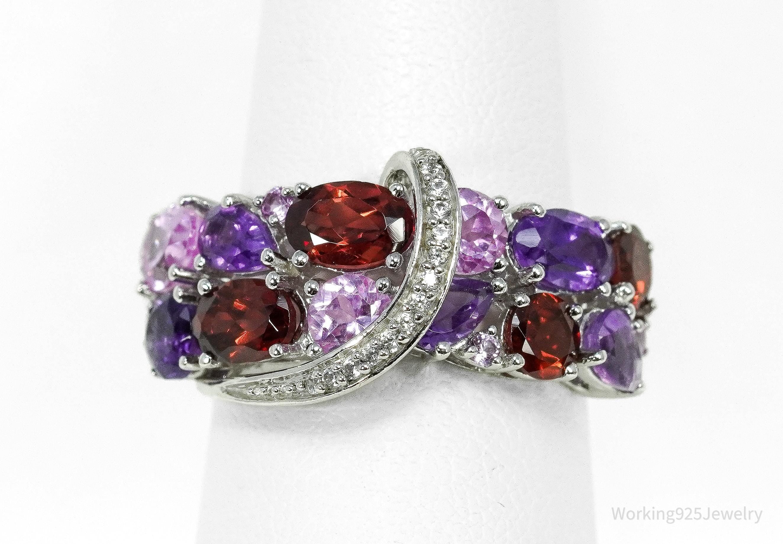 Multi-Shape Garnet, Amethyst, Pink & White Sapphire Sterling Silver Ring Size 7