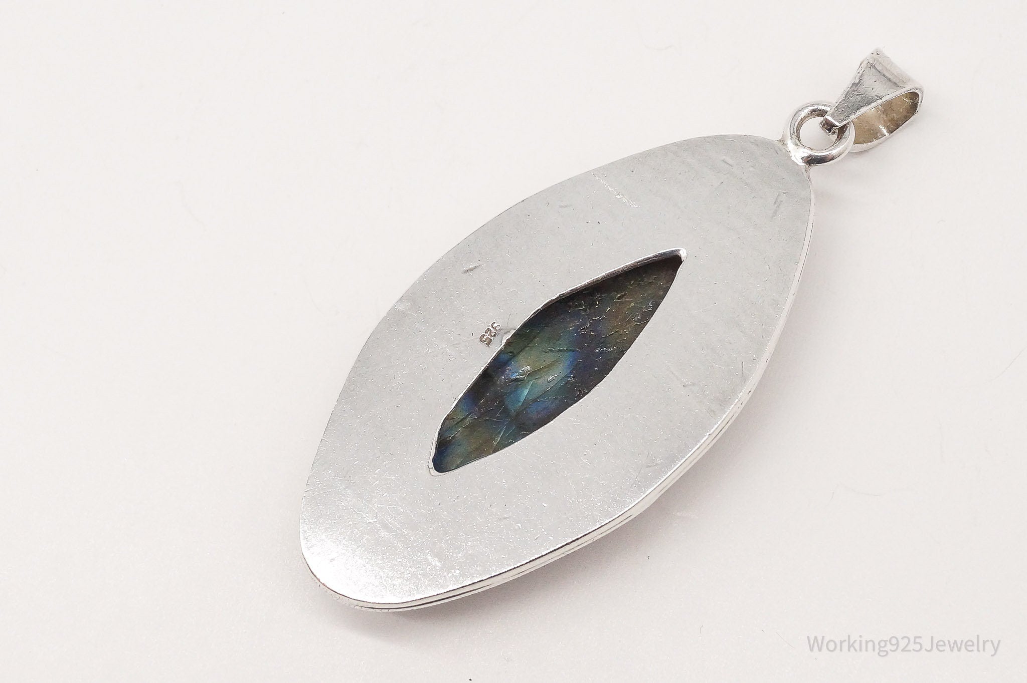 Vintage Long Large Labradorite Sterling Silver Necklace Pendant