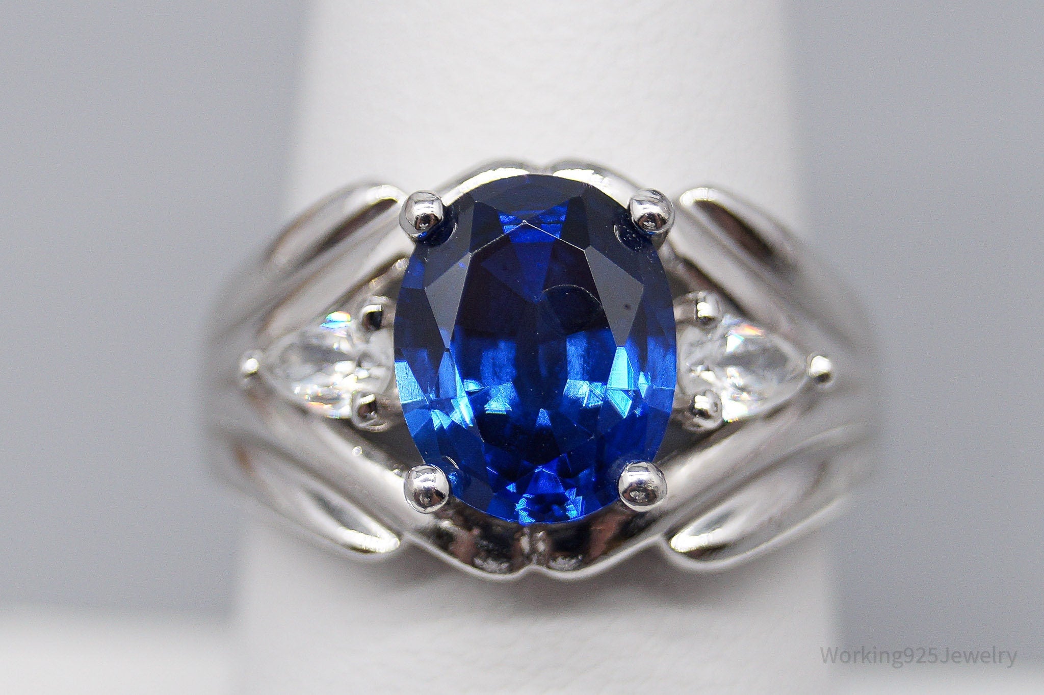 Vintage Lab Sapphire Diamonique Cubic Zirconia Sterling Silver Ring - Size 7.75