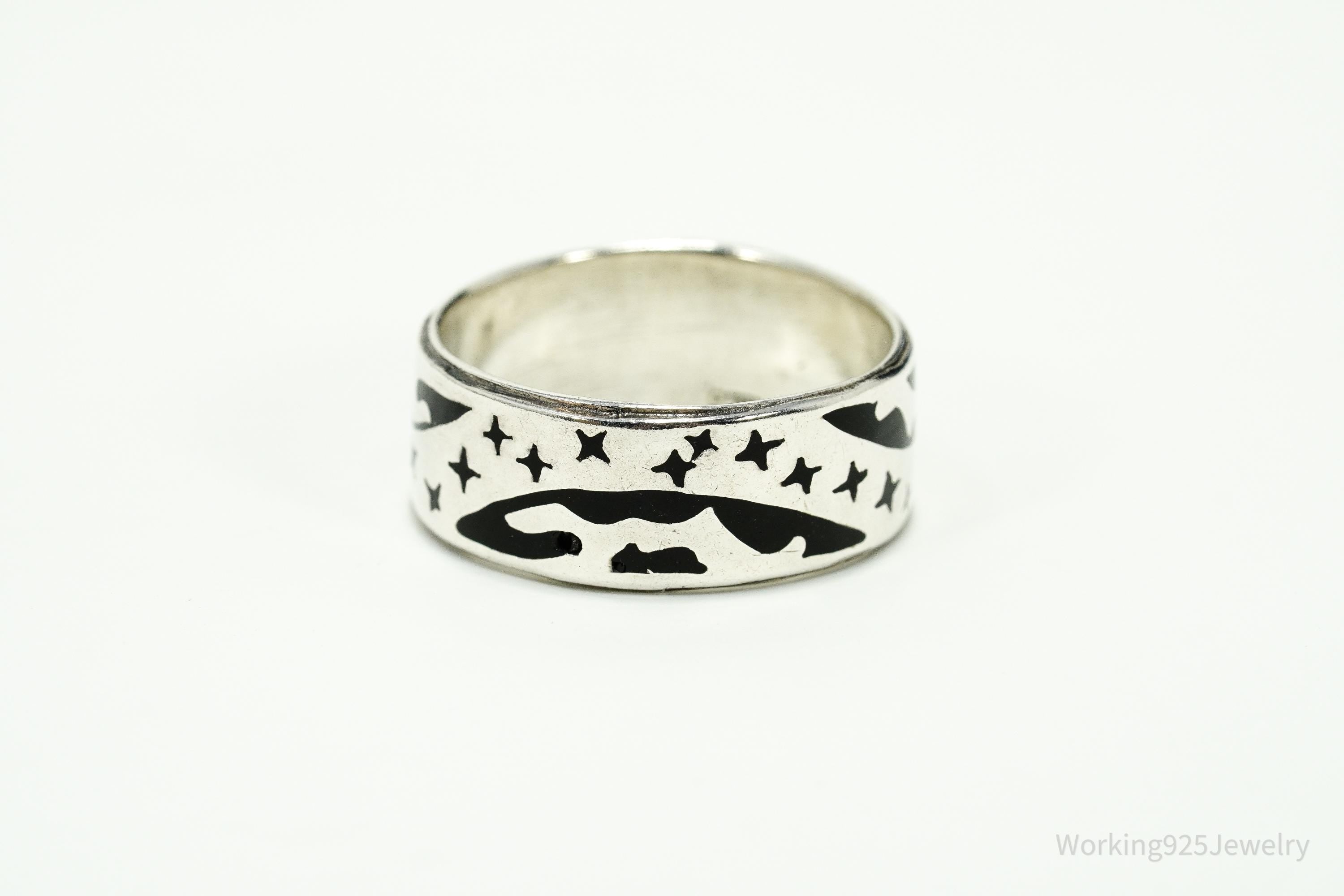 Vintage Earth & Stars Enamel Sterling Silver Band Ring - Size 10.5