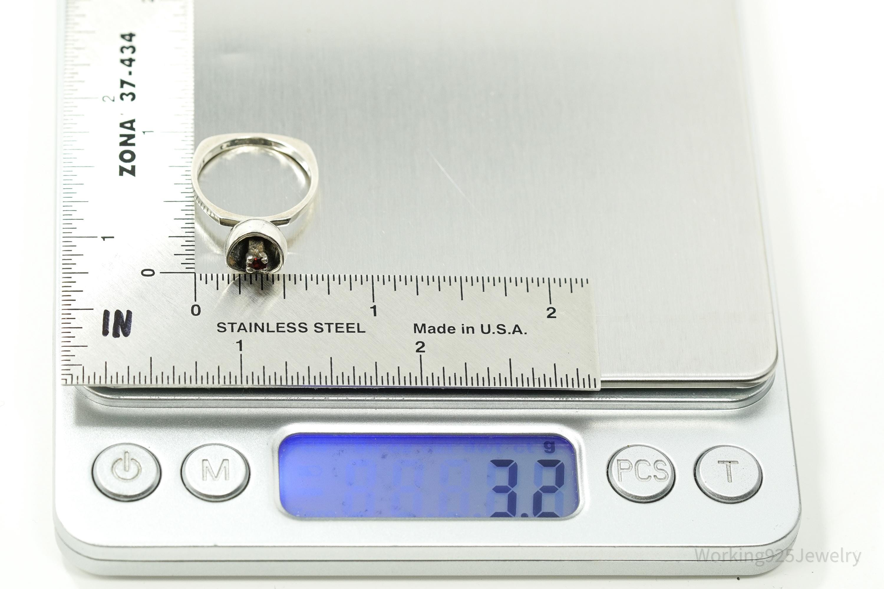 RARE Vintage Mid Century Modernist OPUS Garnet Sterling Silver Ring - Size 6