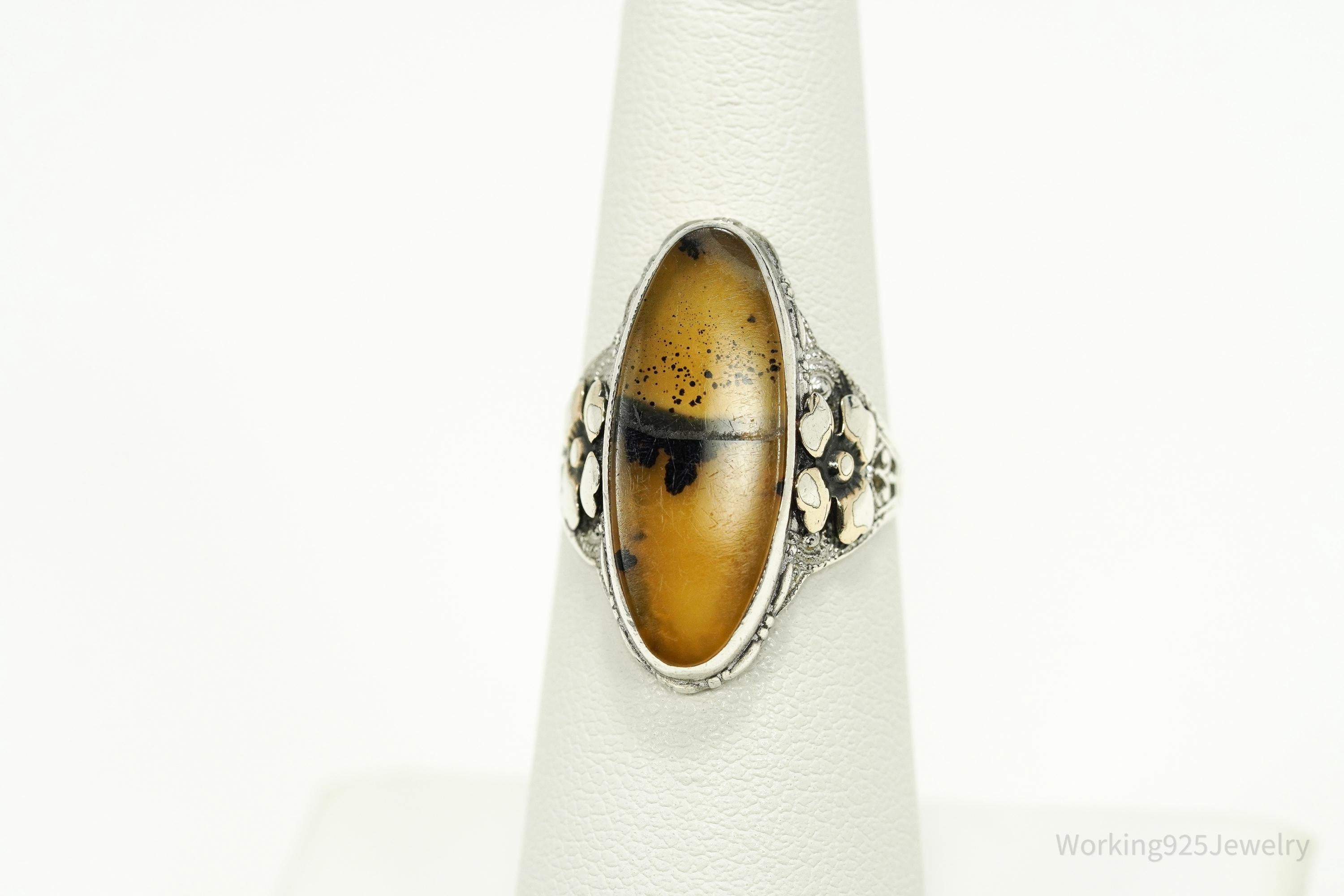 Antique Edwardian Ostby & Barton Agate Sterling Silver Ornate Ring Size 6.25