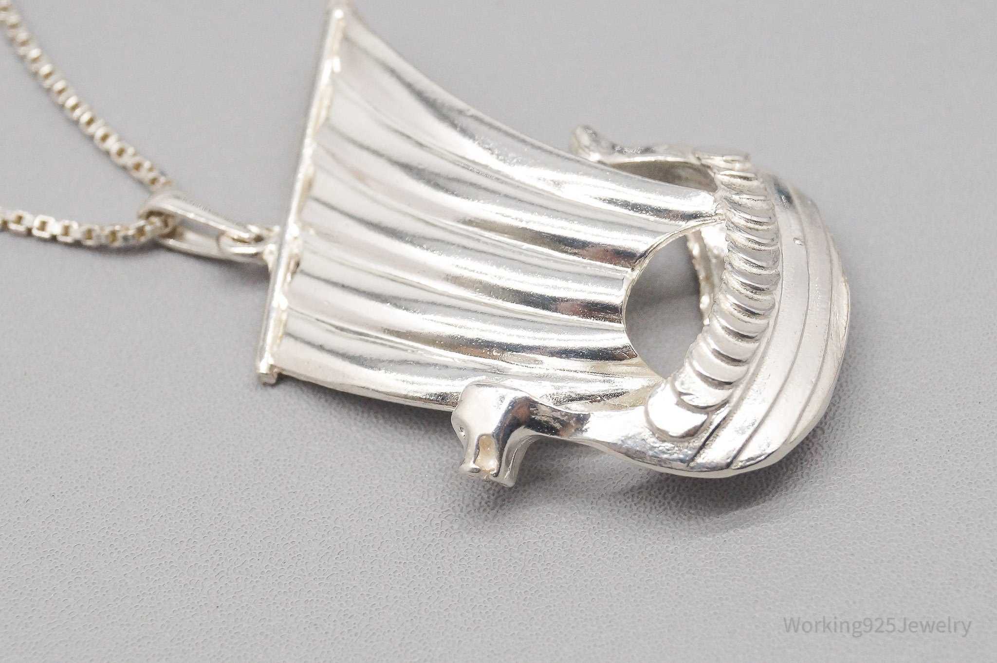 Rare Vintage Modernist Hermann Siersbøl Viking Ship Sterling Silver Necklace - 24"