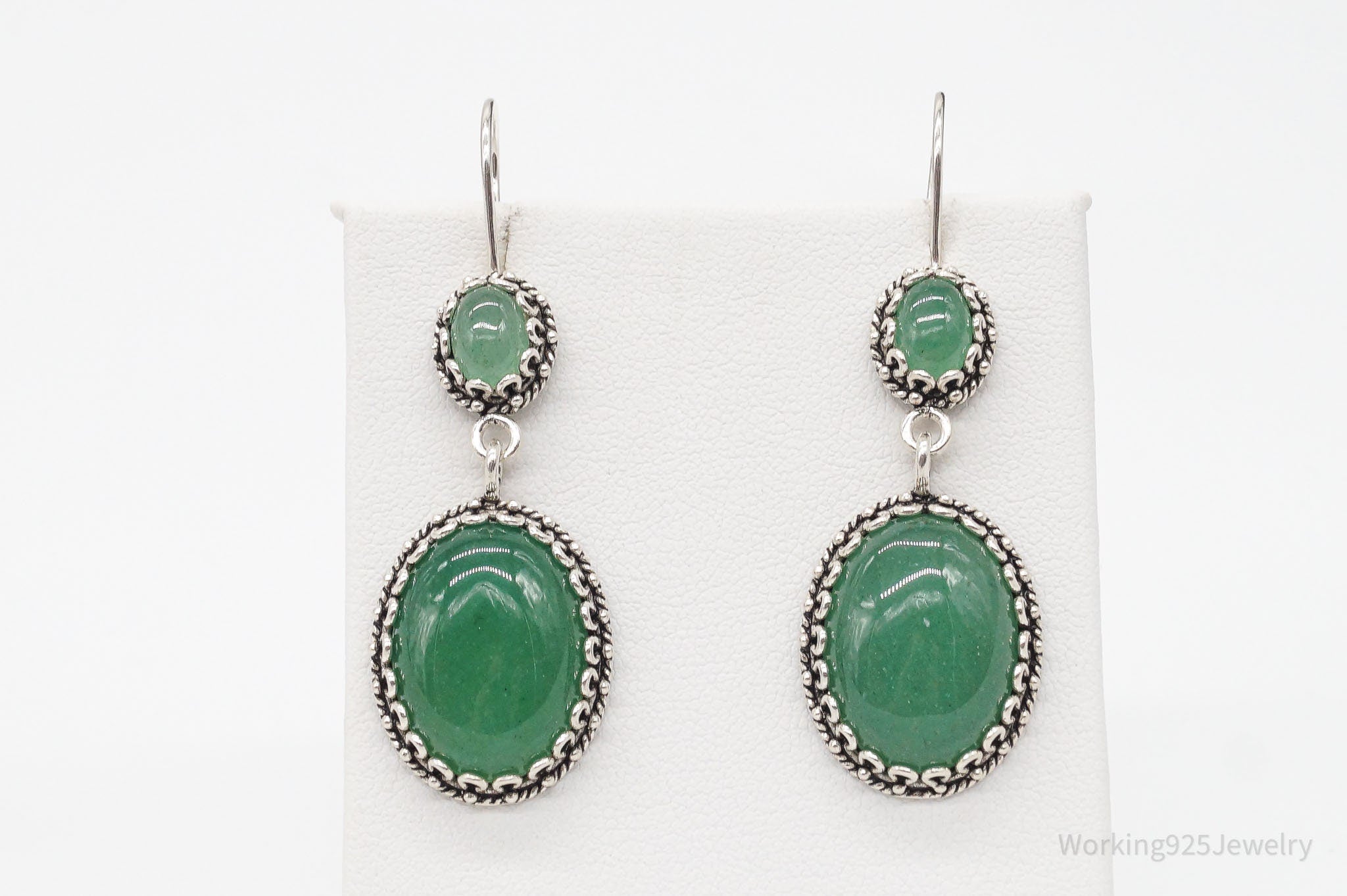 Vintage Turkey Designer DGS Green Aventurine Sterling Silver Earrings