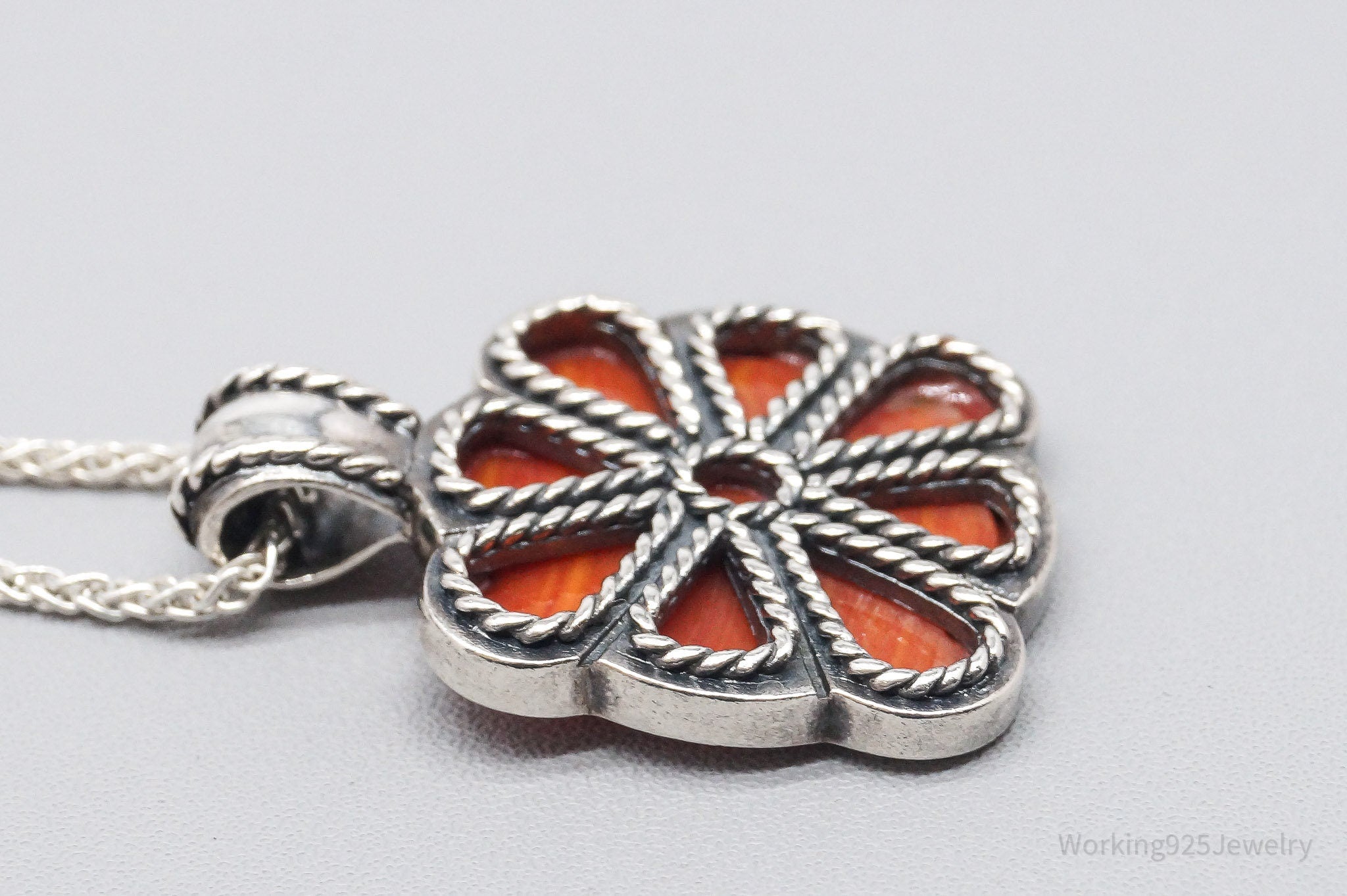 Vintage Spiny Shell Oyster Flower Sterling Silver Necklace 22"