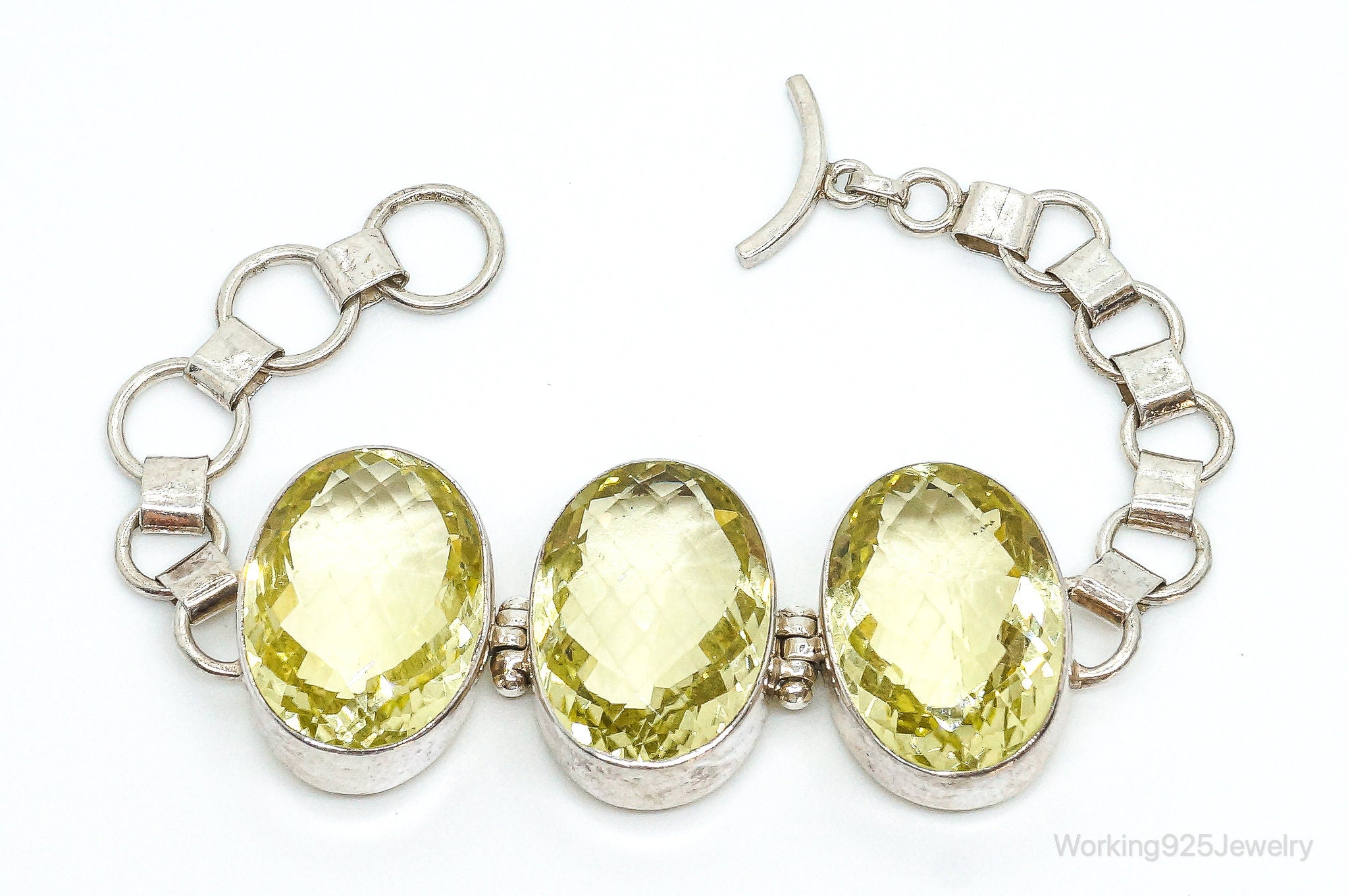 Vintage Large Lemon Quartz Sterling Silver Toggle Bracelet