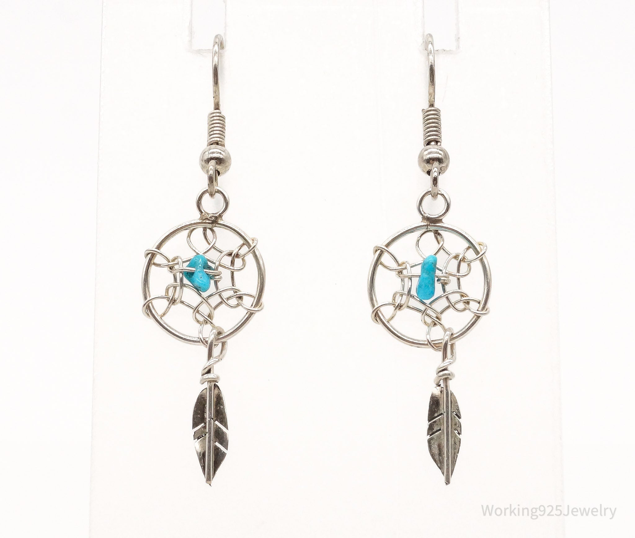 Vintage Native American Turquoise Dream Catcher Silver Earrings