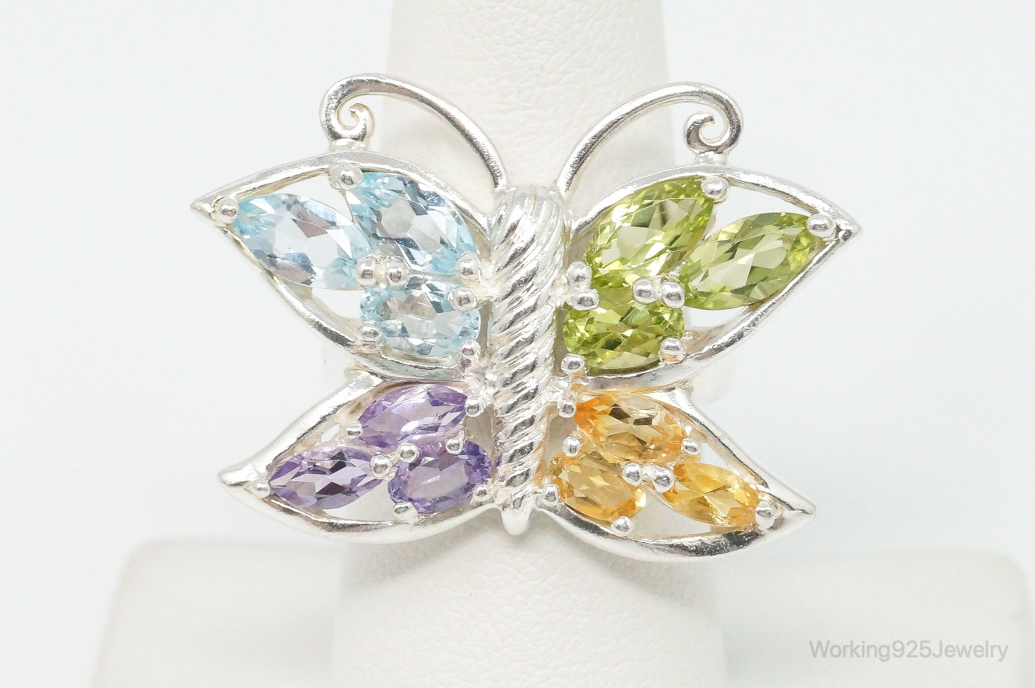 Vintage Multi Gem Butterfly Sterling Silver Ring - Size 7