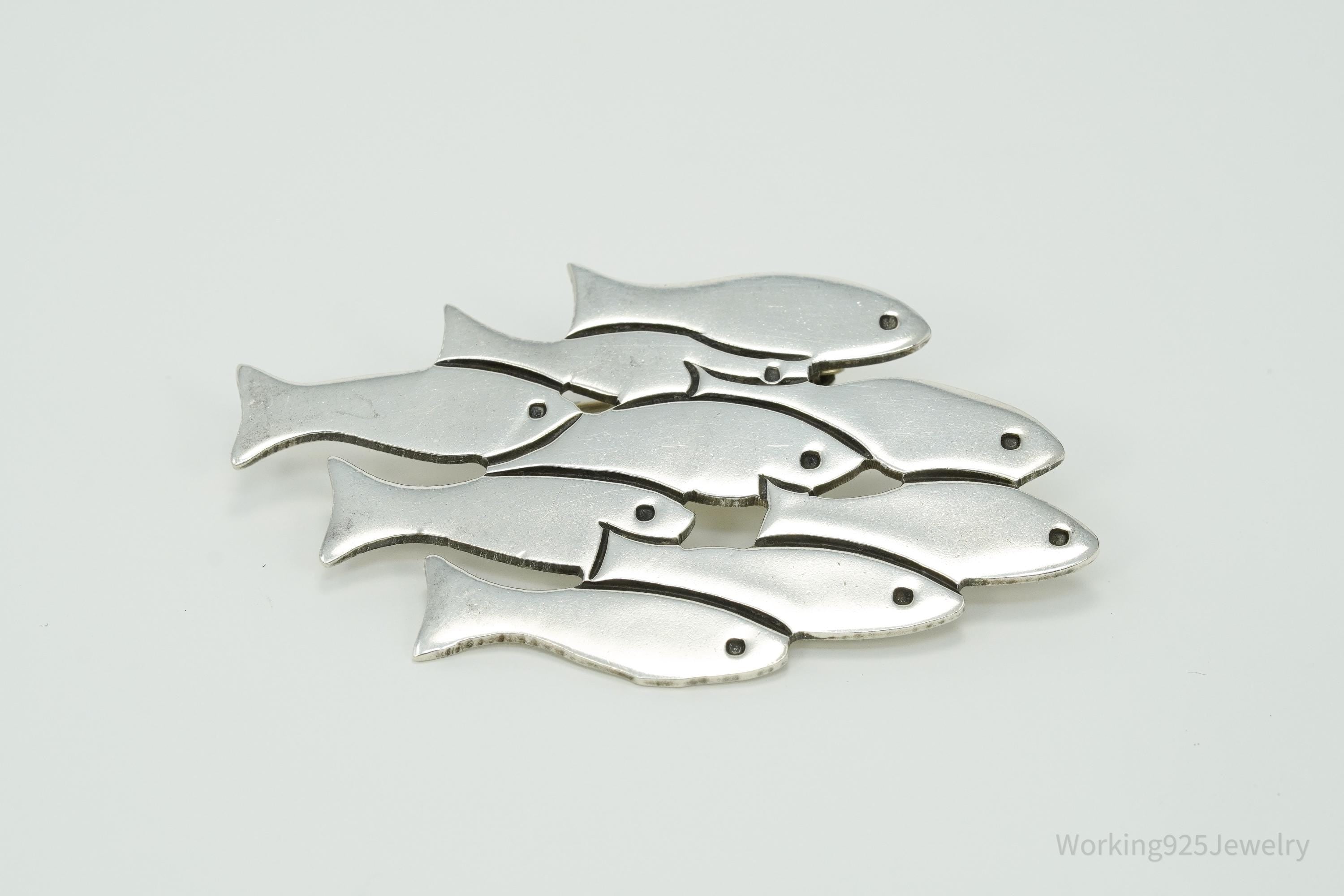 Large Vintage Mexico School Of Fish Sterling Silver Brooch Pin