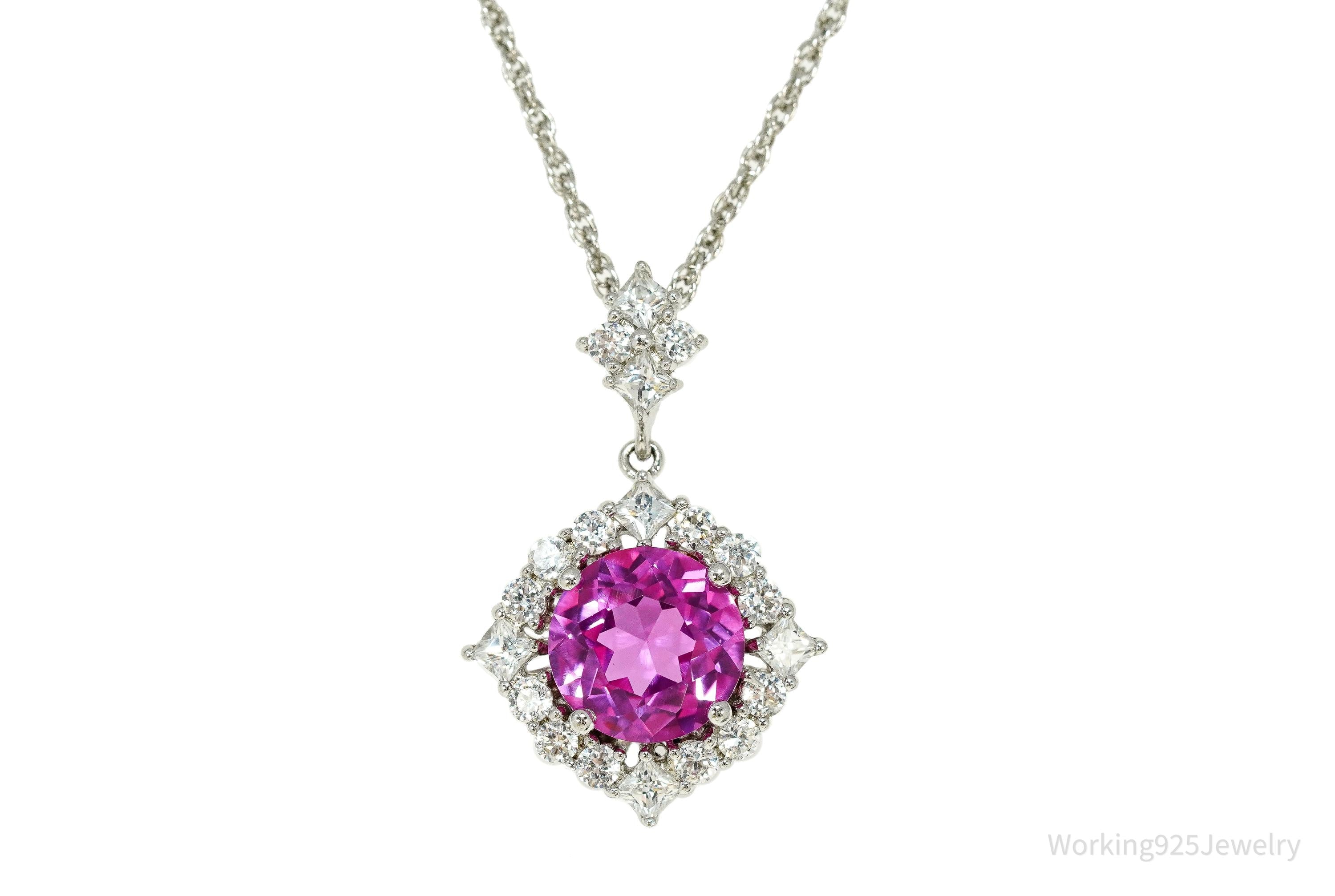 Vintage Synthetic Pink Sapphire & Cubic Zirconia Sterling Silver Necklace 18"