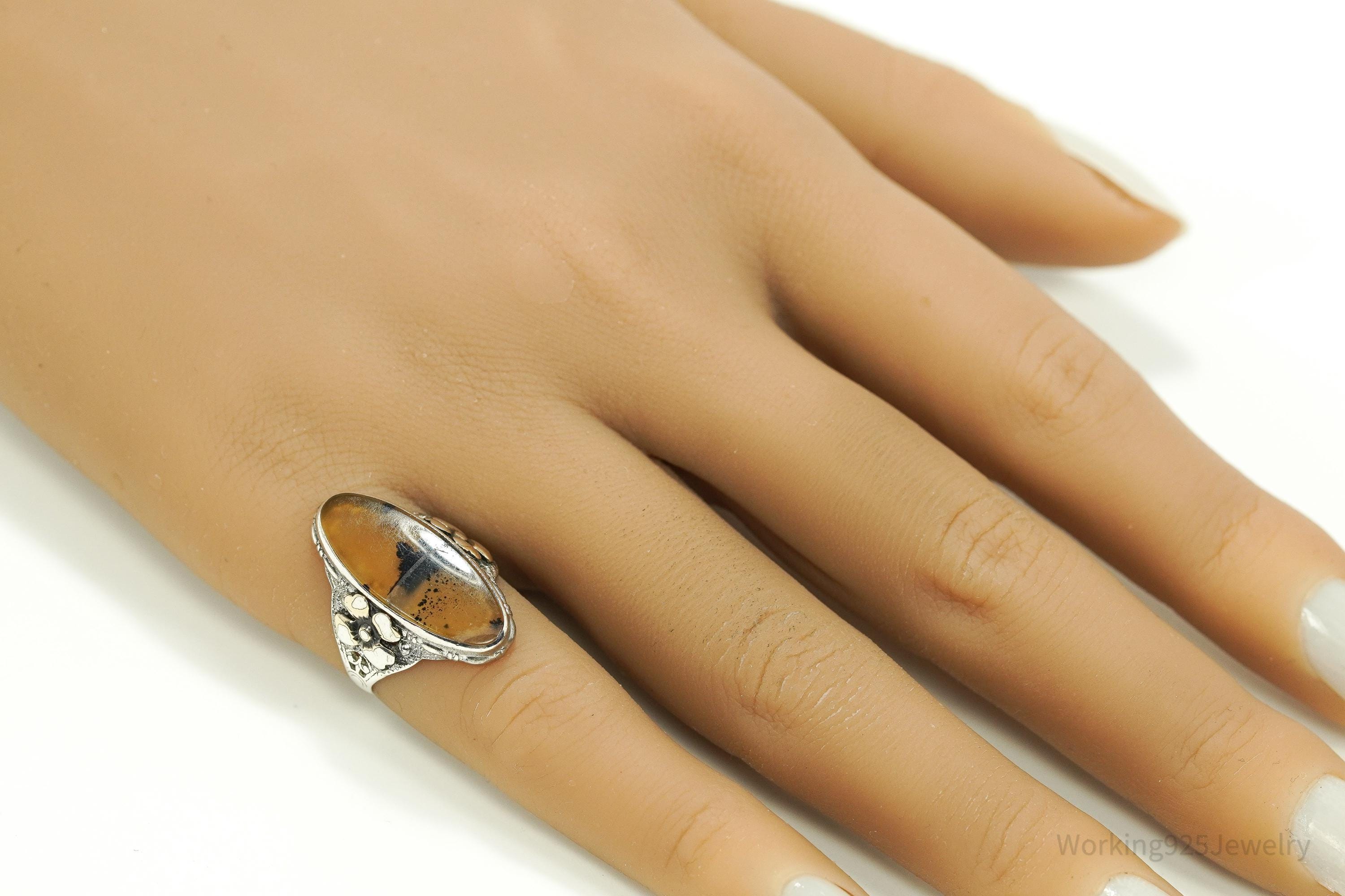 Antique Edwardian Ostby & Barton Agate Sterling Silver Ornate Ring Size 6.25