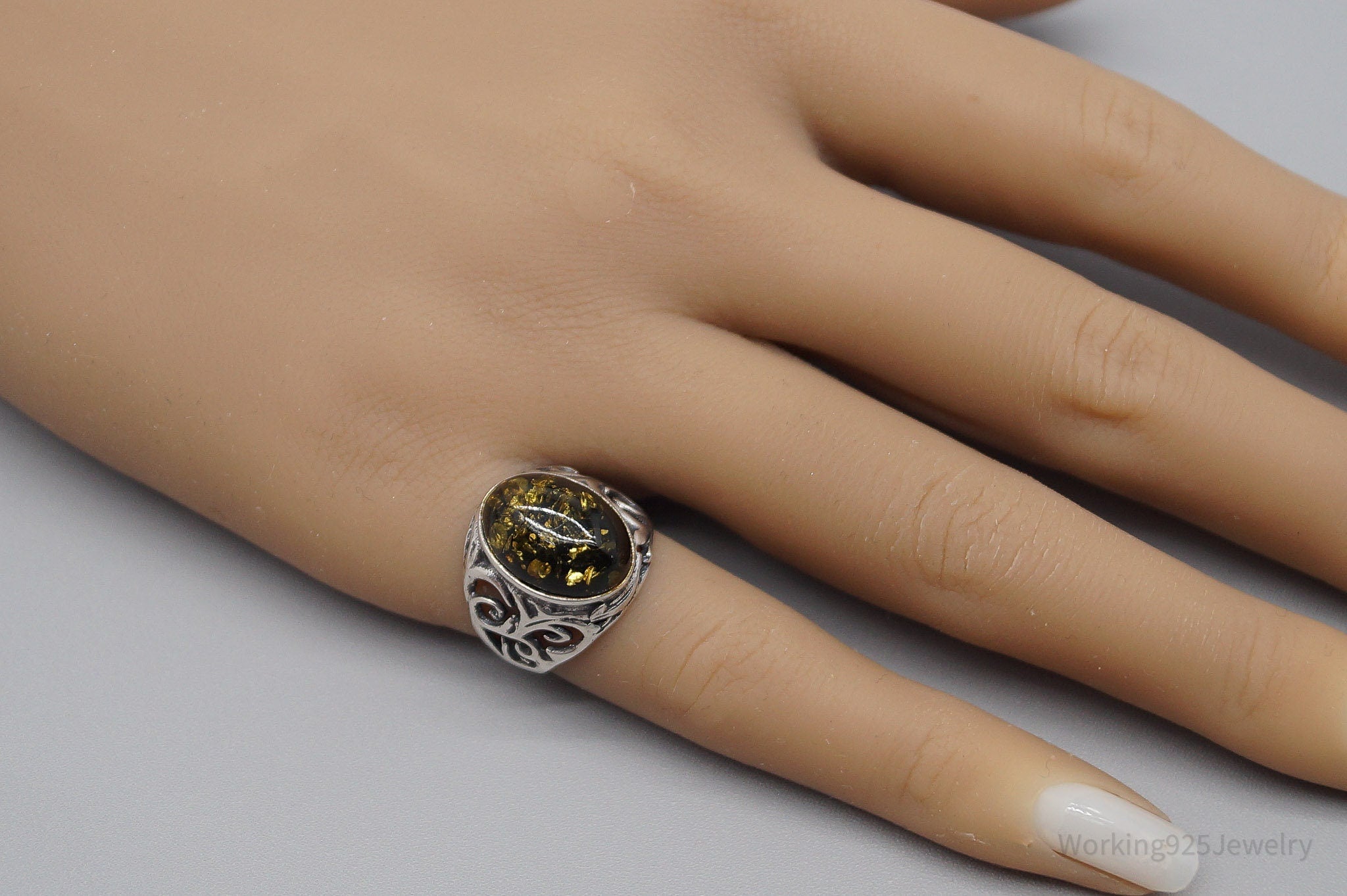 Vintage Amber Sterling Silver Ring - Size 5.25