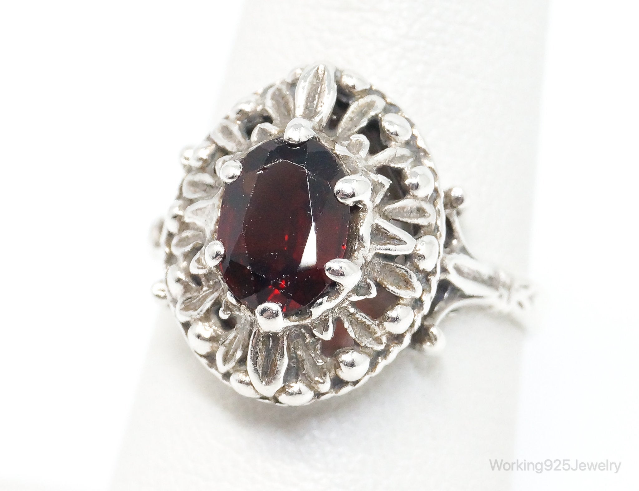 Vintage Mid Century Style Garnet Ring Sterling Silver - Size 6.5