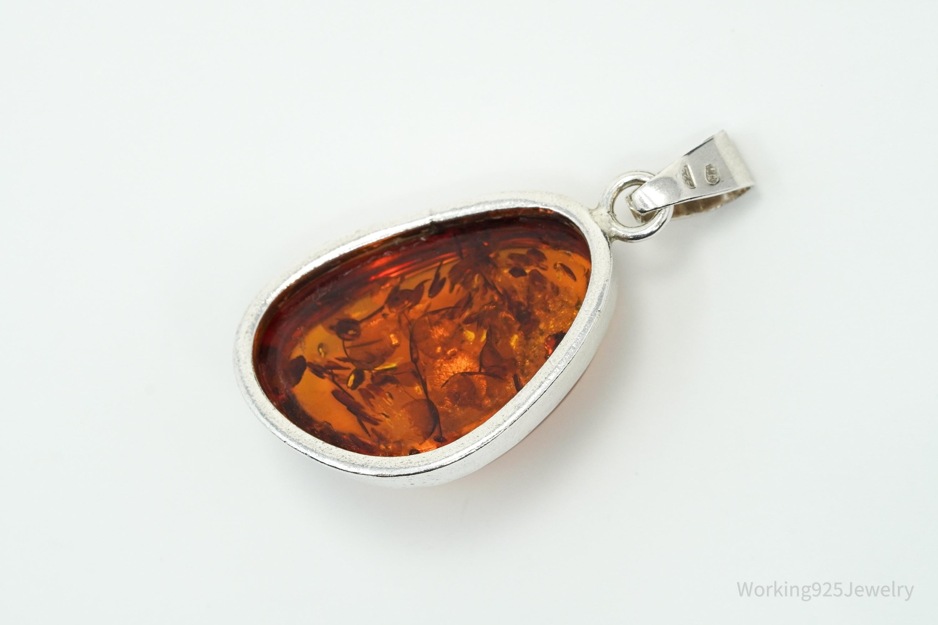 Large Vintage Modernist Amber Sterling Silver Pendant