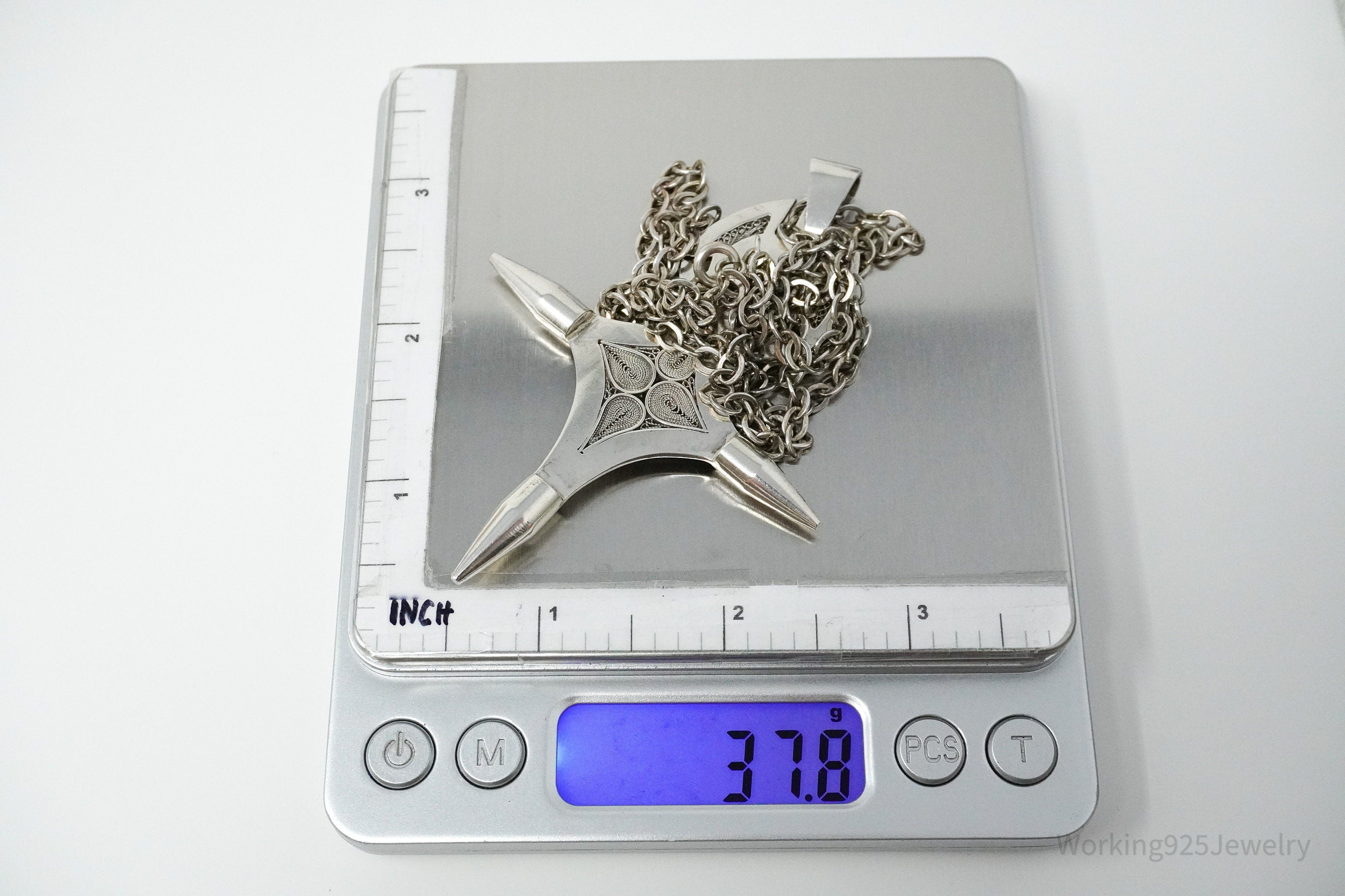 Vintage Large African Cross Silver Necklace 24"