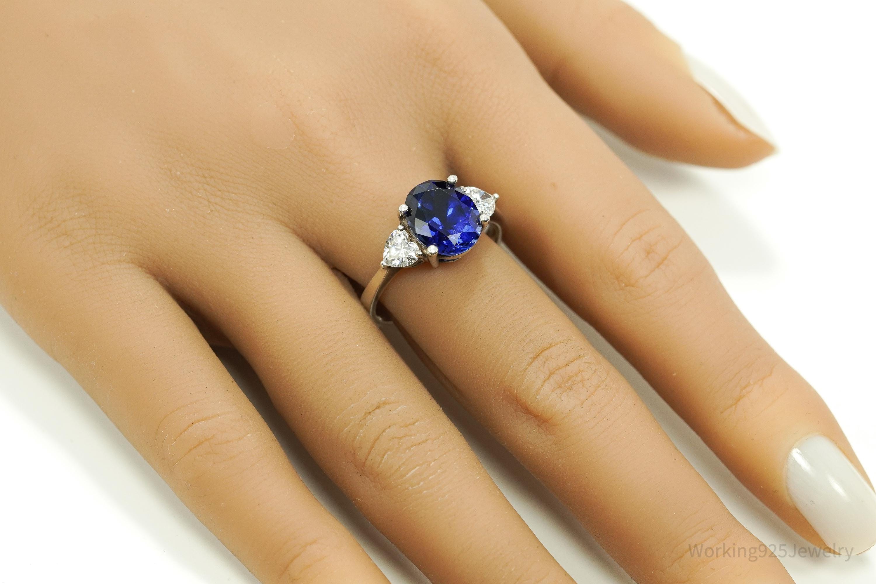 Vintage Lab Sapphire & Cubic Zirconia Sterling Silver Ring - Size 10.25